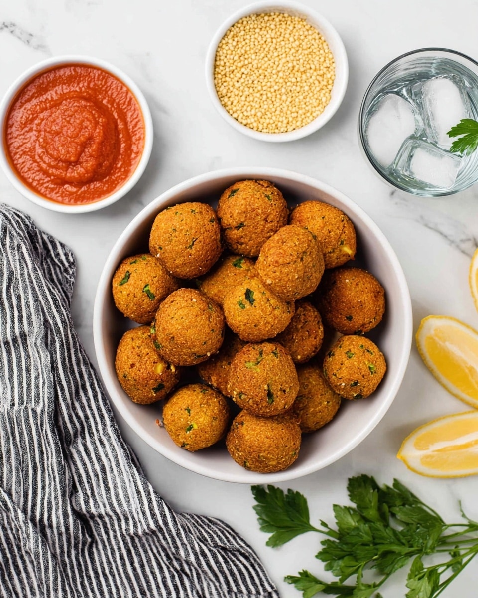 A white bowl filled with about twenty golden-brown, round falafel balls showing a slightly crispy texture with small green herb bits scattered throughout, resting on a black and white striped cloth; in the background, there is a small white ramekin filled with reddish-brown dipping sauce, a lemon half and slice with yellow color, and a glass of water on a woven coaster, all set on a white marbled surface photo taken with an iphone --ar 4:5 --v 7