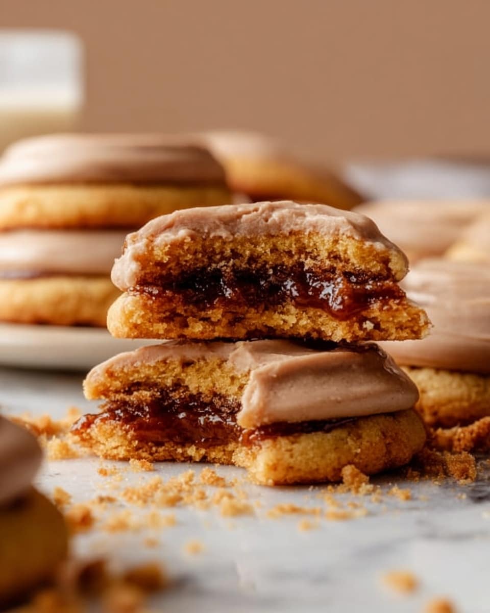 The image shows several round cookies resting on a white marbled surface lightly dusted with crumbs. Each cookie has a smooth, shiny pale beige icing layer on top with a soft texture. One cookie is broken in half and placed on top of another, revealing a thick, dark brown filling inside the golden-brown cookie dough, showing two main layers: a soft outer dough and a rich filling. The cookies are arranged casually, some crumbs scattered around, emphasizing the soft and chewy look. Photo taken with an iphone --ar 4:5 --v 7