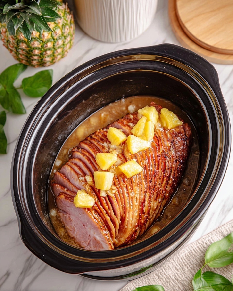 A spiral-sliced ham sits in a black slow cooker filled with a light brown sauce. The ham has a golden brown, slightly crispy glaze with layers of pink meat visible between the slices. On top and inside the ham, there are small chunks of bright yellow pineapple. The slow cooker is placed on a white marbled surface next to a fresh pineapple, a green leafy plant, and a white container with a wooden lid. photo taken with an iphone --ar 4:5 --v 7