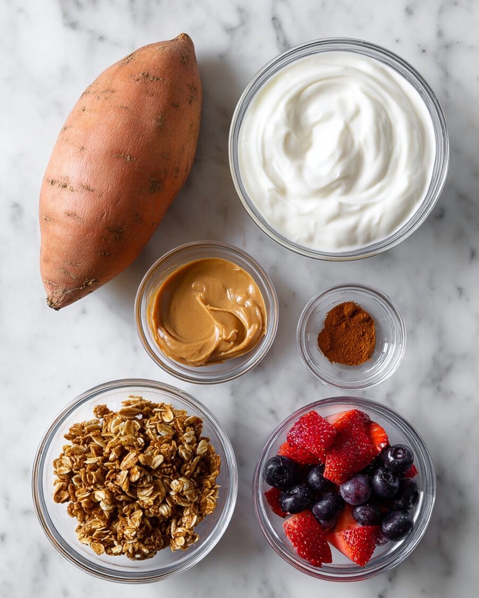 A white bowl filled with four neat layers arranged from left to right; the first layer is smooth, bright orange puree with a spiral texture, the second layer is a row of finely chopped light brown nuts, the third layer consists of evenly sliced round yellow banana pieces, and the fourth layer features plump, dark blue blueberries, next to crispy dark brown bacon pieces on the far right. A silver spoon rests on the right side inside the bowl. The bowl sits on a white marbled surface with a dark gray textured cloth draped behind and underneath it. Scattered blueberries and a small white dish with additional chopped nuts are placed nearby. Photo taken with an iphone --ar 4:5 --v 7