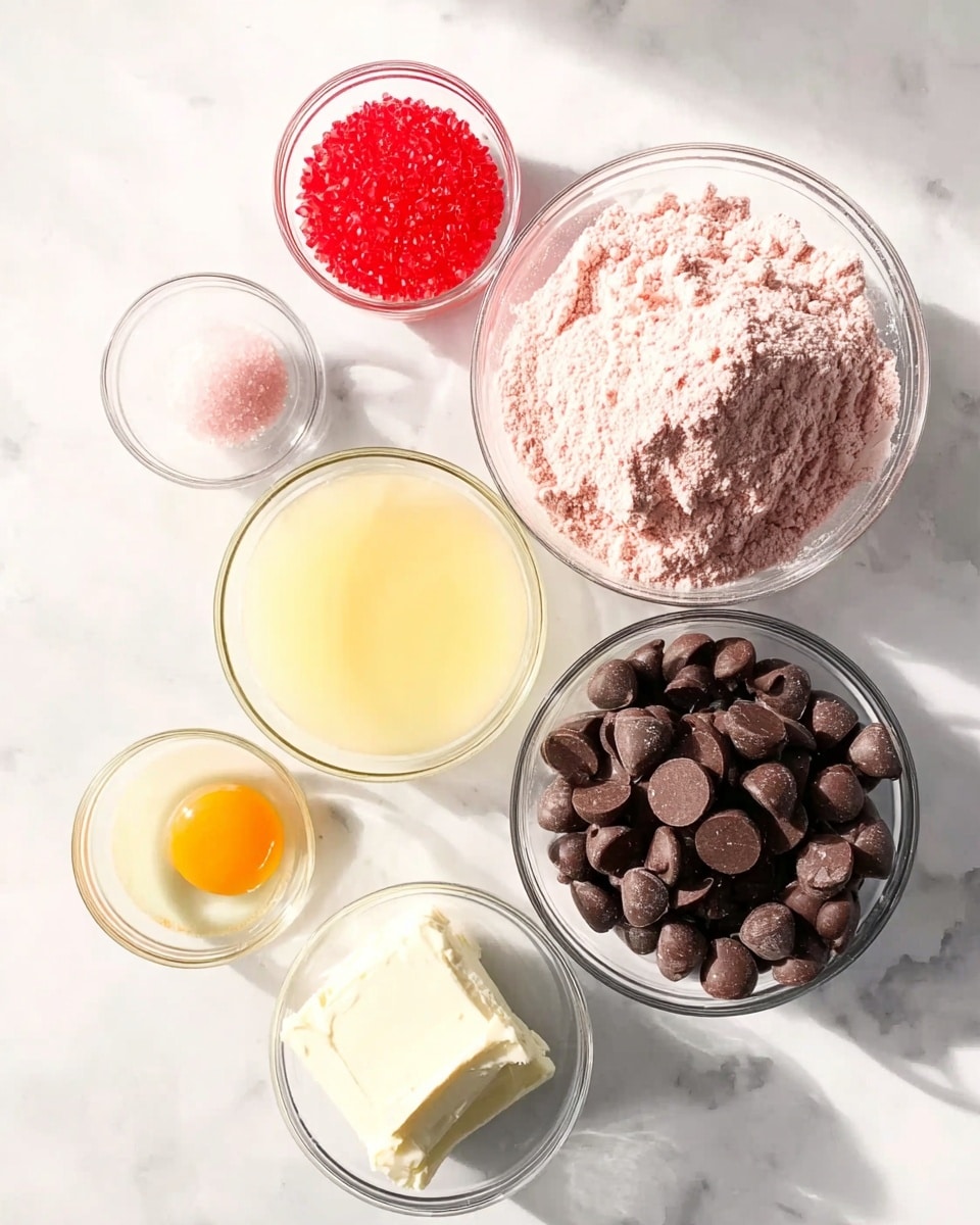 The image shows several pink round cookies placed on white parchment paper over a wooden board. Each cookie is coated with powdered sugar giving a slightly rough texture on the surface. In the center of each cookie, there is a smooth, dark brown swirl of chocolate with small pink heart-shaped sprinkles scattered both on the chocolate and around the cookies. The cookies are soft and slightly cracked around the edges. The background is a white marbled texture, softly blurred to keep focus on the cookies. Photo taken with an iphone --ar 4:5 --v 7