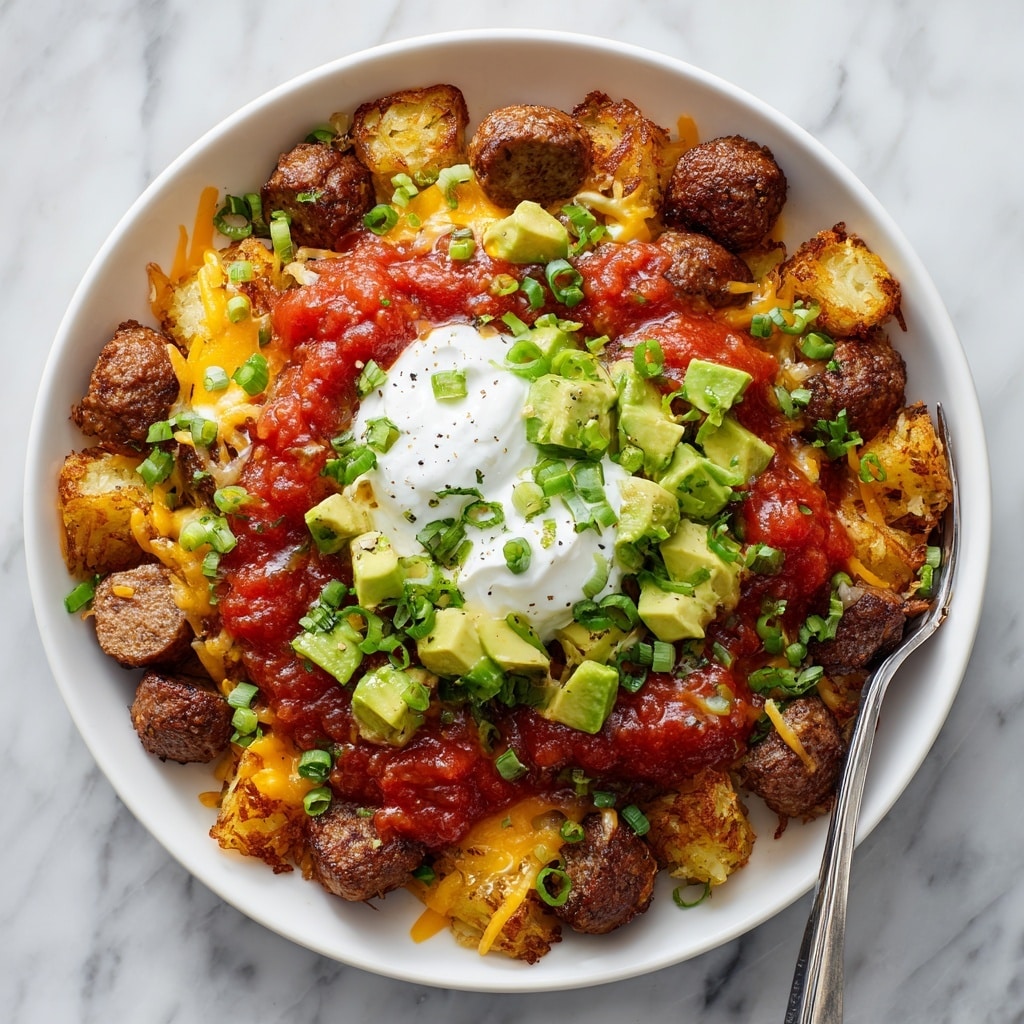 A white bowl filled with six visible layers arranged side by side; at the back are golden-brown crispy potato rounds with a rough, crunchy texture, topped slightly with a pile of shredded yellow cheddar cheese mixed with white cheese and garnished with small chopped green chili slices; next is a bright green section of sliced avocado fanned out neatly; to the right is a chunky red salsa mixed with bits of green herbs; next to that is soft, fluffy yellow scrambled eggs sprinkled with chopped cilantro; in front is dark brown cooked ground meat with a slightly crispy surface topped with finely chopped green onions and cilantro. The bowl sits on a white marbled surface, and a fork is seen at the bottom right corner, photo taken with an iphone --ar 4:5 --v 7
