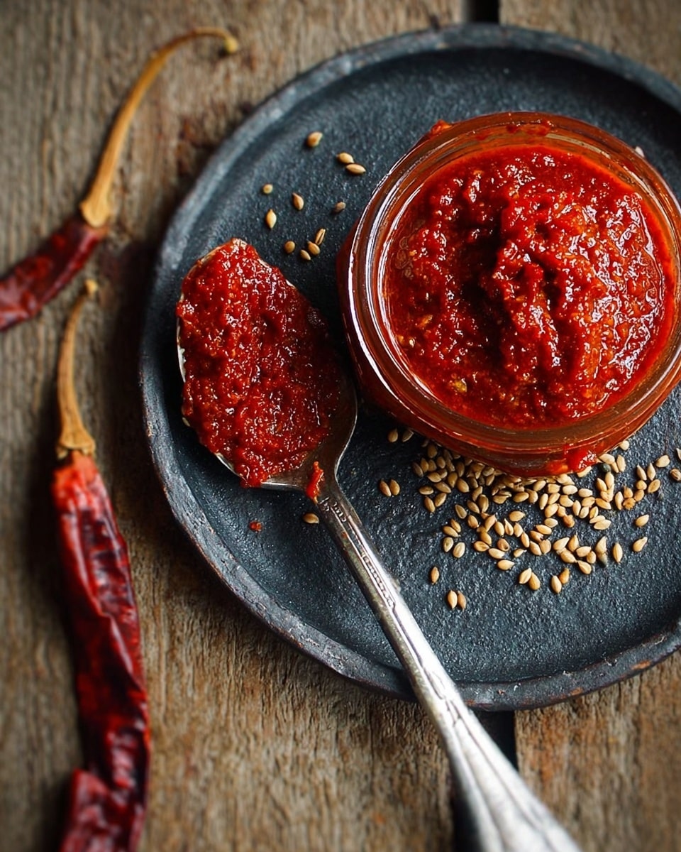 A textured red chili paste with a thick consistency sits on a silver spoon resting on a dark round plate, surrounded by a few dried red chilies and light brown coriander seeds scattered across the plate; the plate contrasts with a rustic wooden surface underneath. The chili paste shows a vivid, deep red color with small visible bits, indicating a chunky blend. photo taken with an iphone --ar 4:5 --v 7