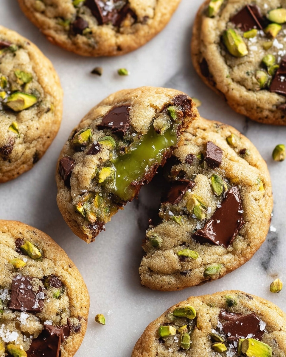 The image shows several round cookies with a golden-brown base and dark chocolate chunks melted into the center. Each cookie is topped with chopped green pistachios and sprinkled with coarse sea salt, adding texture and color contrast. The cookies have a slightly cracked surface, showing a soft and chewy texture. They are arranged closely together on a metal cooling rack, which sits on a white marbled surface. Some whole pistachios are seen nearby in a white tart pan. Photo taken with an iphone --ar 4:5 --v 7