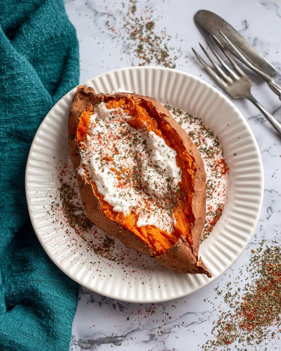 A baked sweet potato is split open on a white fluted plate showing its bright orange inside, filled with a thick layer of white creamy sauce that almost fills the center. The sweet potato skin looks crispy and is coated with dark seasoning, creating a rough texture. The surface and plate around the potato are sprinkled with a mix of red and green dried herbs and spices, giving a colorful and textured look. To the side, there are two silver utensils and a teal cloth, set on a white marbled surface. photo taken with an iphone --ar 4:5 --v 7