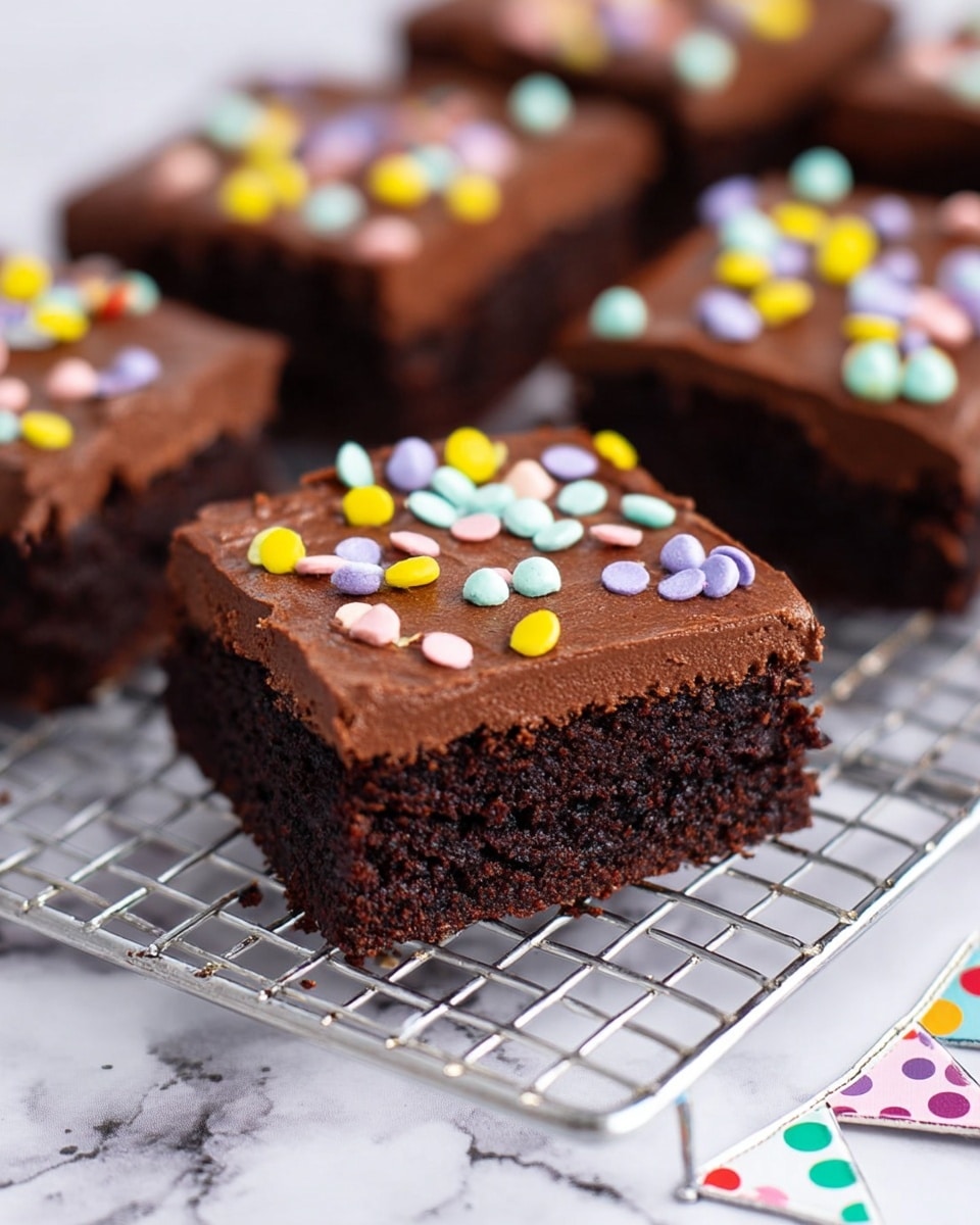 The image shows square chocolate brownies with two visible layers: a dark brown, moist brownie base and a thick, smooth, darker chocolate frosting layer on top. The frosting is decorated with small, round, colorful confetti sprinkles in pastel yellow, blue, pink, purple, and white, scattered unevenly. The brownies are placed on a silver cooling rack, and the background is a white marbled texture. In the lower right corner, there are small white triangular flags with multicolored dots. photo taken with an iphone --ar 4:5 --v 7