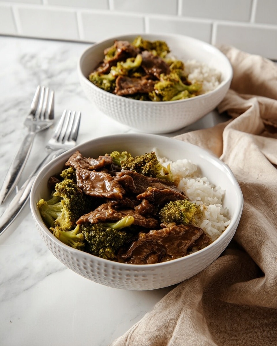 Two white bowls on a white marbled texture, each filled with three layers: a bottom layer of white rice with visible grains, a middle layer of green broccoli florets with some texture, and a top layer of brown beef slices coated in a glossy sauce. Beside the upper bowl, two silver forks are crossed, and a beige cloth is placed to the right side of the scene. The lighting highlights the glossy texture of the beef and the fresh look of the broccoli. Photo taken with an iphone --ar 4:5 --v 7