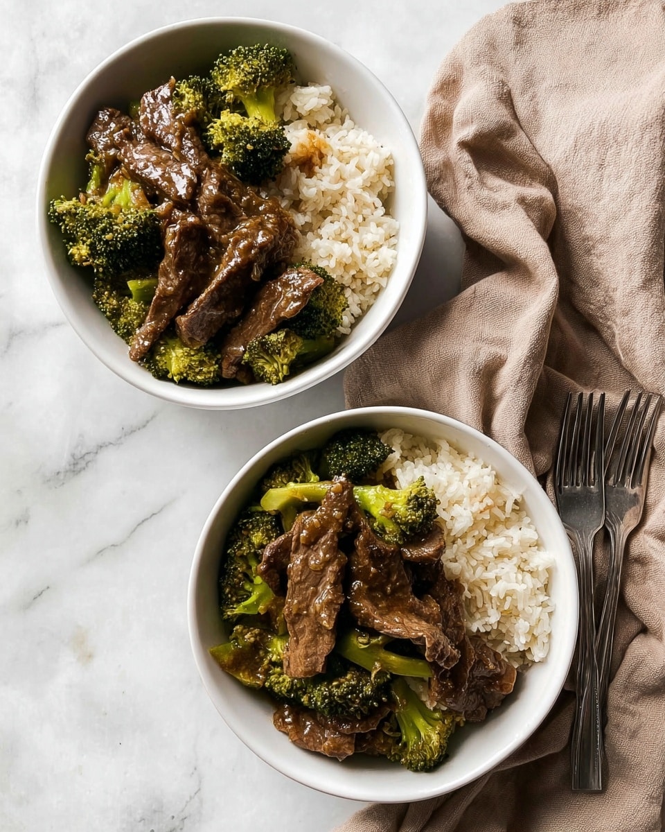 Two white bowls sit on a white marbled surface, each filled with three layers: the bottom layer is soft white rice, topped with a middle layer of green broccoli florets with a slightly steamed texture, and the top layer consists of thin, brown beef slices coated in a glossy sauce. The bowls have a subtle dotted pattern near the rim. To the left, two silver forks lie parallel on the surface, and to the right, a beige cloth napkin is casually folded. The background shows white subway tiles, and soft natural light highlights the textures and colors, photo taken with an iphone --ar 4:5 --v 7