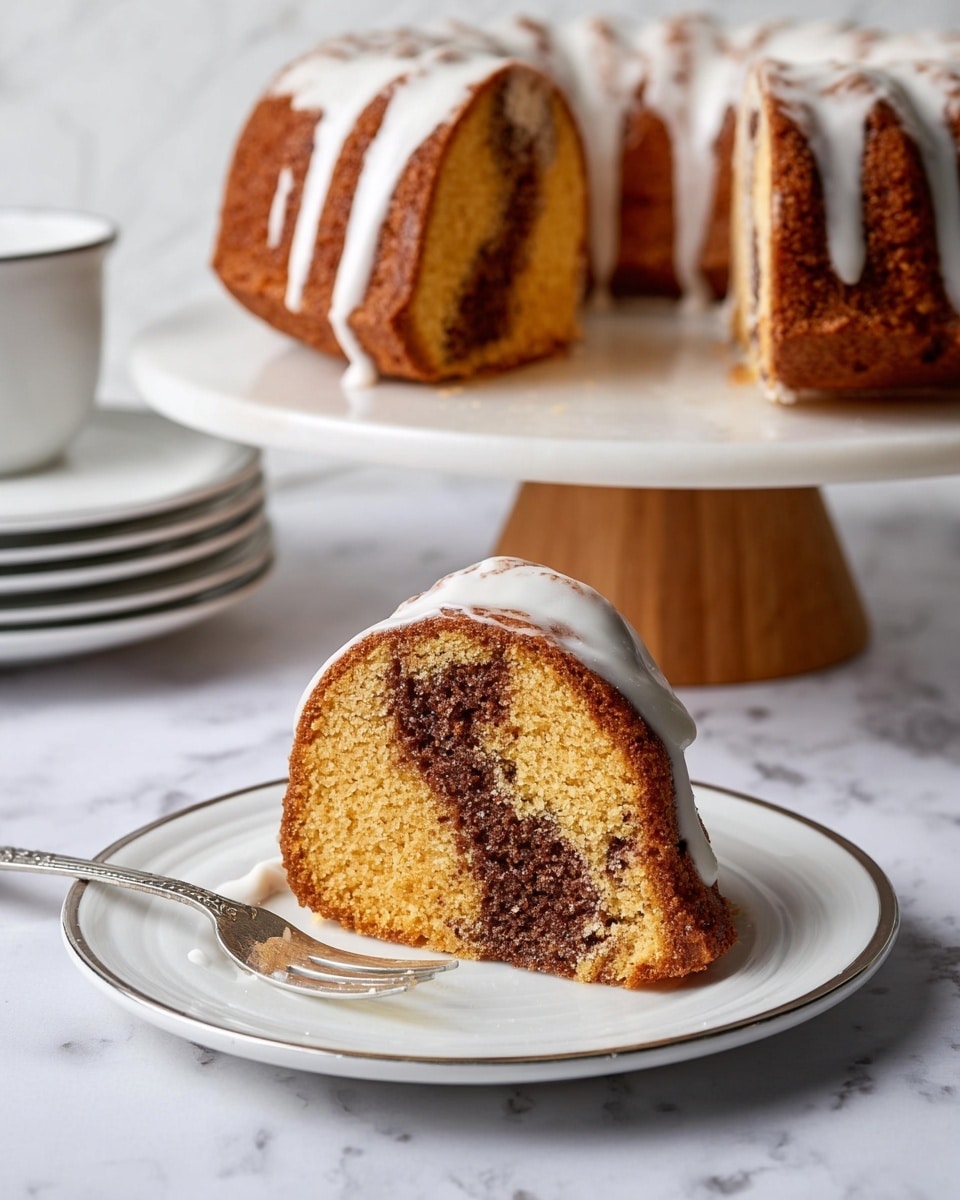 Three white plates with a thin gold rim hold slices of bundt cake, each slice showing two layers: a golden brown outer layer and a darker brown swirl in the center, all covered with a light white glaze that slightly drips down the sides. Each plate has a silver fork resting on it, positioned near the top right edge of the cake slice. On the right side of the image, part of a white cake stand is visible with some remaining cake and white glaze on it. The scene is set on a white marbled surface. photo taken with an iphone --ar 4:5 --v 7