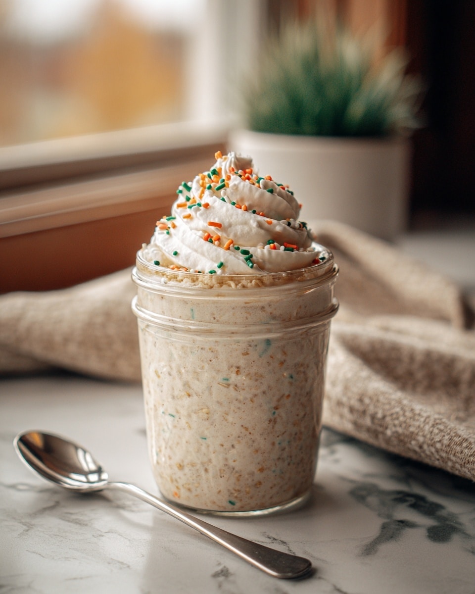A clear glass jar filled with two layers of creamy oatmeal mixed with colorful sprinkles and tiny black chia seeds, giving it a speckled and textured look; the oatmeal is light beige with bright orange, green, blue, pink, yellow, and white sprinkles scattered throughout. The jar is topped with a dollop of white whipped cream and a few more of the colored sprinkles. The jar sits on a round white marble surface, with loose sprinkles and a few oats scattered around. In the blurred background, there is a white glass bottle with milk and a white bowl filled with more sprinkles. Photo taken with an iphone --ar 4:5 --v 7