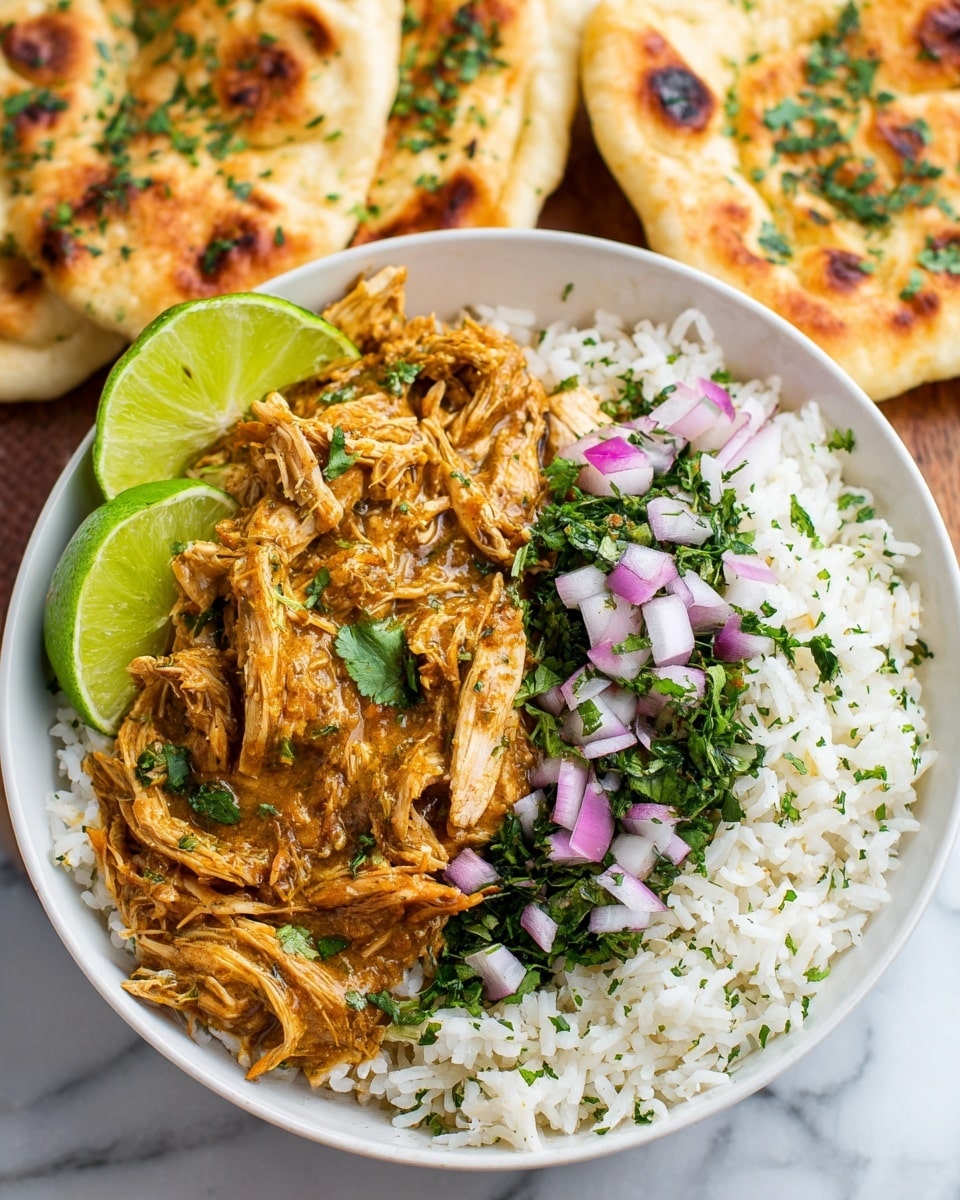 A white bowl holds a layered dish set on a white marbled surface. The base layer on one side is light tan shredded chicken mixed with a smooth, golden-brown sauce, topped with small pieces of chopped purple onion and bright green cilantro leaves. Next to it is a layer of fluffy white rice, sprinkled lightly with bits of green herbs. On the edge of the bowl rest two lime wedges, bright green with juicy texture. Behind the bowl are three pieces of toasted white naan bread, showing a light golden brown with darker grill marks and some green herb sprinkles. photo taken with an iphone --ar 4:5 --v 7