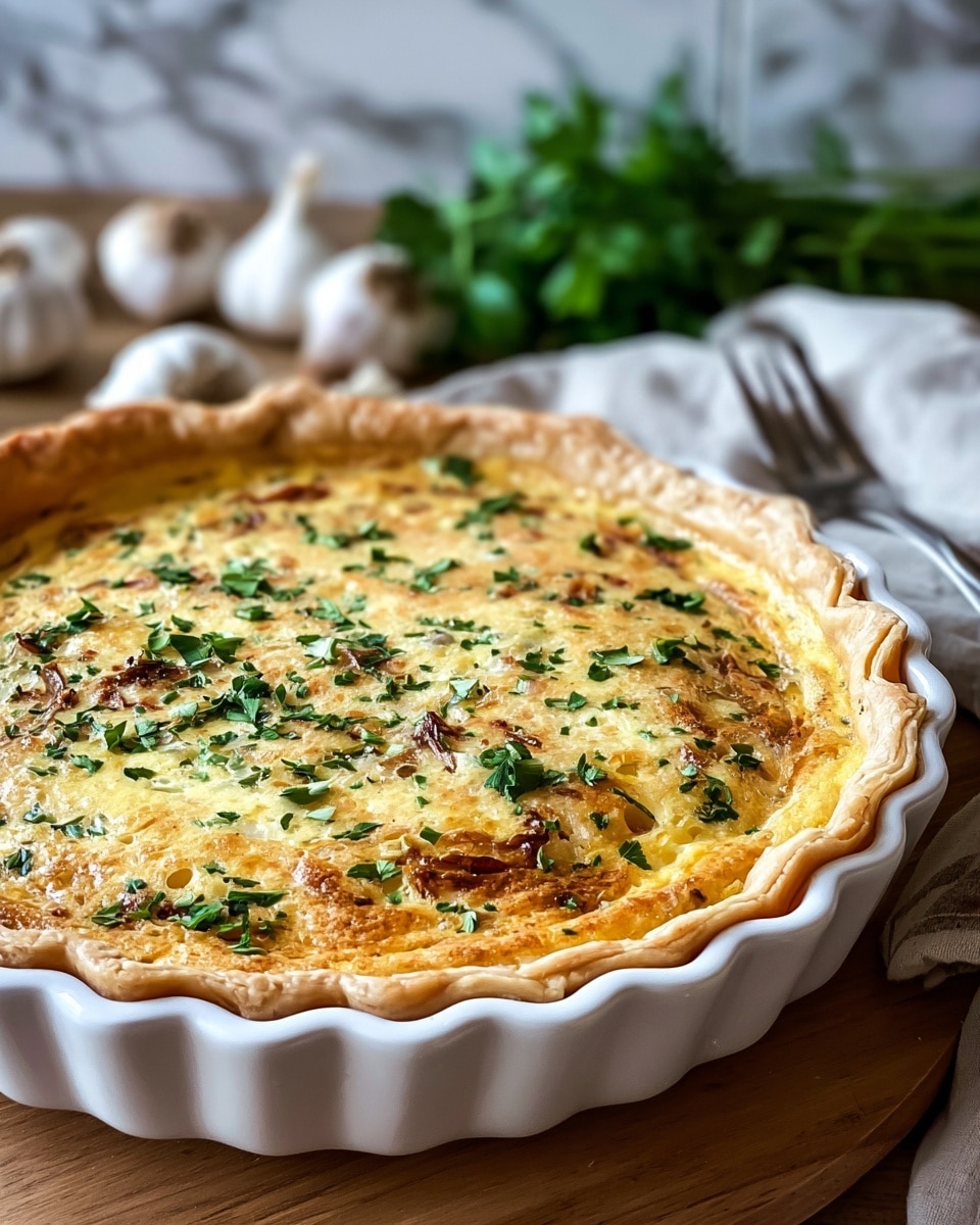 A slice of quiche sits on a white plate with a thin gold rim, showing three main layers: a light golden crust at the bottom with a slightly flaky texture, a thick creamy filling in the middle with bits of meat and green herbs embedded, and a top layer of melted cheese browned in spots with fresh green herb leaves scattered on top. In the background, a white bowl holds the rest of the quiche, also browned on top with melted cheese and herb garnishes. The whole scene is set on a white marbled surface. photo taken with an iphone --ar 4:5 --v 7