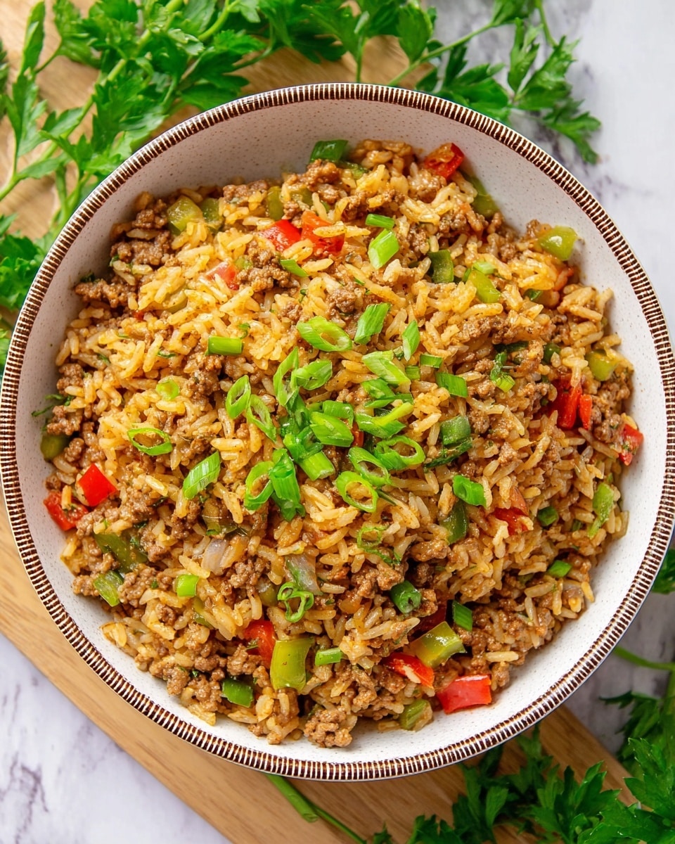 A close-up view of a bowl filled with cooked rice mixed with browned ground meat, small pieces of red and green bell peppers, and diced onions. The dish is garnished with chopped fresh green onions and parsley scattered on top, adding fresh green color. The bowl is white with a brown dotted rim, sitting on a white marbled surface with some fresh parsley leaves around it. The rice has a golden-brown color from spices, and everything looks moist and well mixed. Photo taken with an iphone --ar 4:5 --v 7