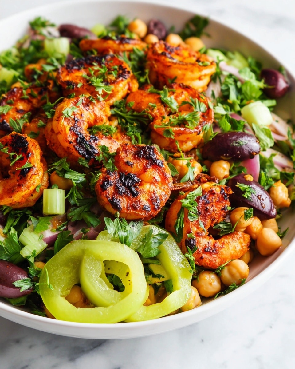 A white bowl filled with a colorful layered salad featuring grilled shrimp as the top layer, with a charred orange and black texture that looks juicy and spiced. Beneath the shrimp, bright green chopped herbs and celery pieces add freshness and crispness, mixed with dark purple sliced olives scattered around. The base layer includes light brown chickpeas creating a hearty base, and on the side, pale green pepper rings with a smooth texture. The salad sits on a white marbled surface. Photo taken with an iphone --ar 4:5 --v 7