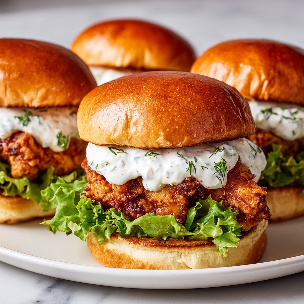 A close-up image of a sandwich with four layers inside a soft, golden brown bun. The bottom layer is green curly lettuce, fresh and leafy, placed directly on the bun. Above the lettuce, there is a crispy fried chicken fillet with a crunchy, golden crust. On top of the chicken, there is a creamy white sauce with small green herb bits sprinkled throughout. The sandwich is presented on a white plate with a white marbled texture surface underneath. Photo taken with an iphone --ar 4:5 --v 7