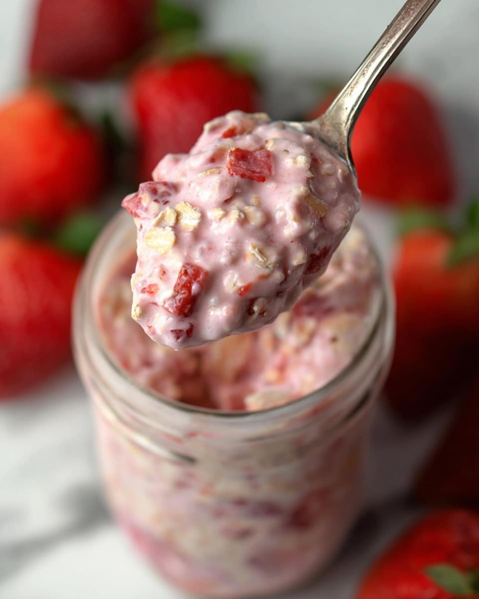 Two small clear glass jars are filled to the top with a creamy mixture that is light pink with visible dark chia seeds and pieces of bright red strawberries mixed throughout. The texture looks thick and chunky, with strawberry pieces sitting on the surface and throughout the jar. The jars sit on a white marbled surface with a few whole fresh strawberries scattered around them for decoration. The overall look is fresh, creamy, and fruity. photo taken with an iphone --ar 4:5 --v 7