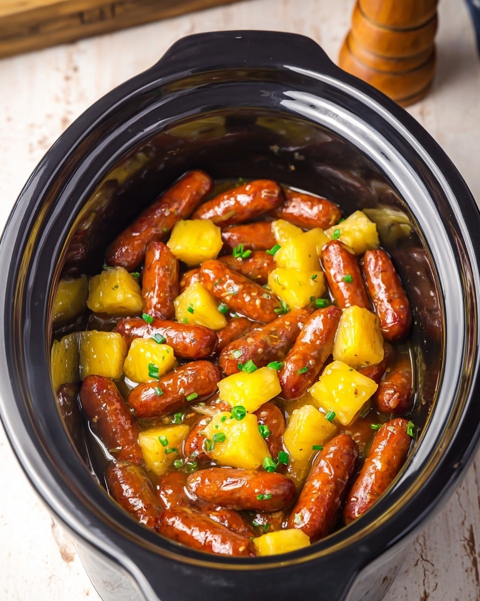 The image shows a white bowl filled with small brown sausages mixed with bright yellow pineapple chunks, topped with small green chive pieces. The bowl is placed on a light green cloth over a white marbled surface. In the background, there are wooden salt and pepper grinders, a green ceramic pitcher, and a wooden utensil handle lying on the right side of the bowl. The food looks glossy and fresh, with the colors contrasting nicely against the white bowl and light background. Photo taken with an iphone --ar 4:5 --v 7