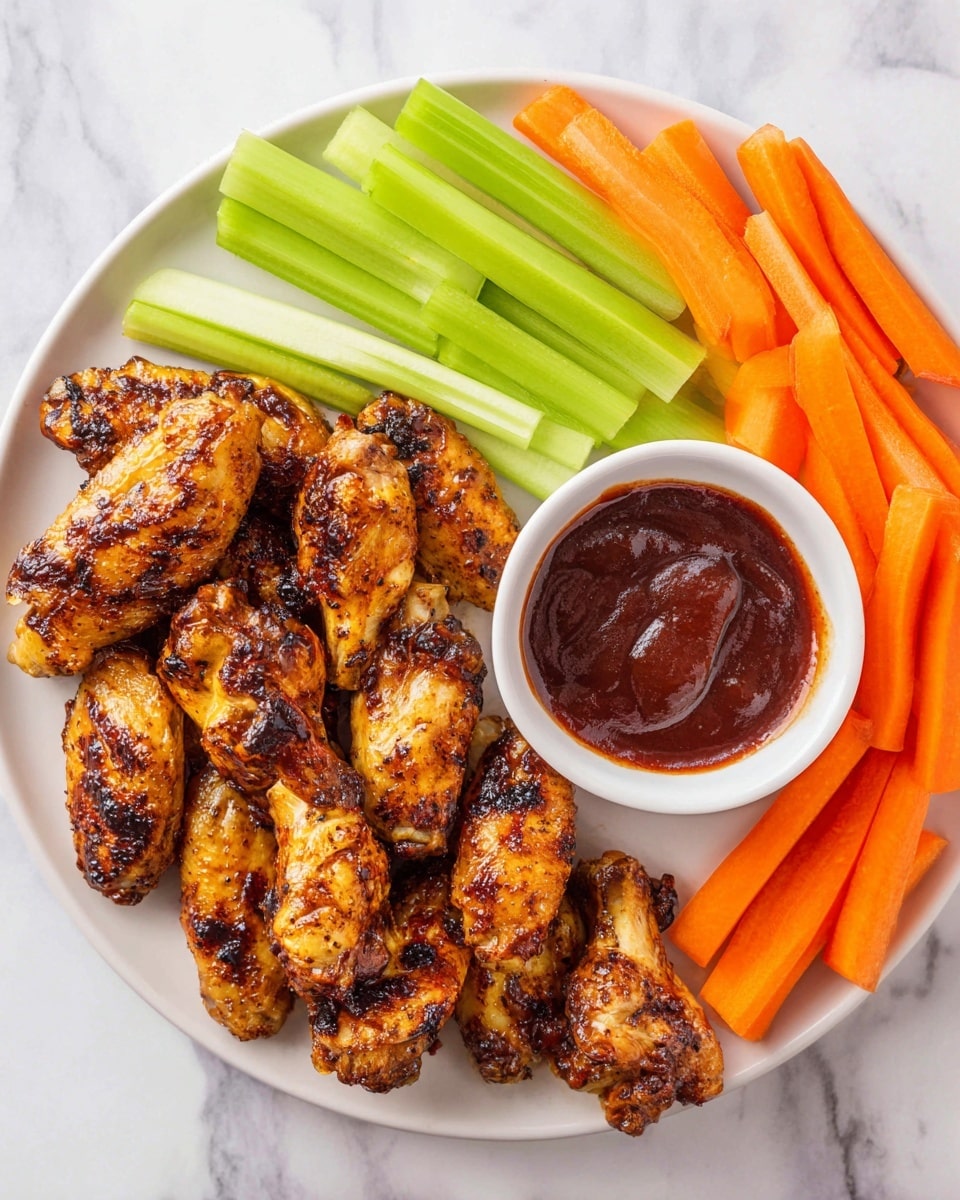 A white plate on a white marbled surface holds a generous serving of golden-brown grilled chicken wings with a slightly charred and glossy skin, arranged loosely in the bottom left half of the plate. To the top left, there is a neat row of fresh, bright green celery sticks, cut evenly, standing upright side by side. On the top right side of the plate, there are similarly organized carrot sticks with a vibrant orange color, their smooth texture visible. On the right edge of the plate, a small white bowl filled with thick, dark reddish-brown dipping sauce sits close to the carrot sticks. Some sauce spills faintly around the bowl and wings, adding a touch of messiness. photo taken with an iphone --ar 4:5 --v 7