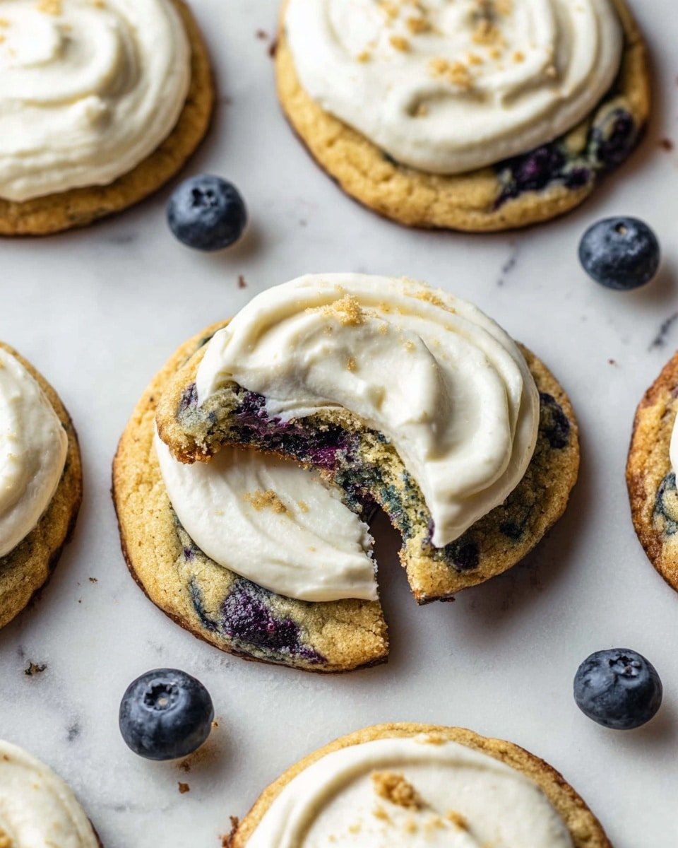 Several round cookies are placed on a white marbled texture surface, each with a thick layer of creamy white frosting swirled on top. The cookies have a golden brown base with visible dark purple spots indicating blueberries baked inside. One cookie at the front has a bite taken out of it, showing a moist inside with greenish-blue specks from the blueberries. Some crumbs are scattered on the frosting and the surface, while a few fresh blueberries are also casually placed around the cookies. photo taken with an iphone --ar 4:5 --v 7