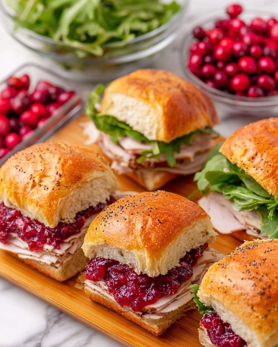 A white plate holds six sandwich pieces made with three layers of golden brown bread topped with black seeds; the bottom layer is soft and light inside. The fillings include a thick layer of pale pink turkey, a layer of light yellow cheese, fresh green leafy herbs, and a thick spread of dark red cranberry sauce on top. The plate sits on a white and blue striped cloth over a round woven mat on a white marbled tabletop. In the background, a clear glass bowl with bright green leafy salad and a small bowl with red cranberries are visible, along with a plant with pale green leaves on the right side. Photo taken with an iphone --ar 4:5 --v 7