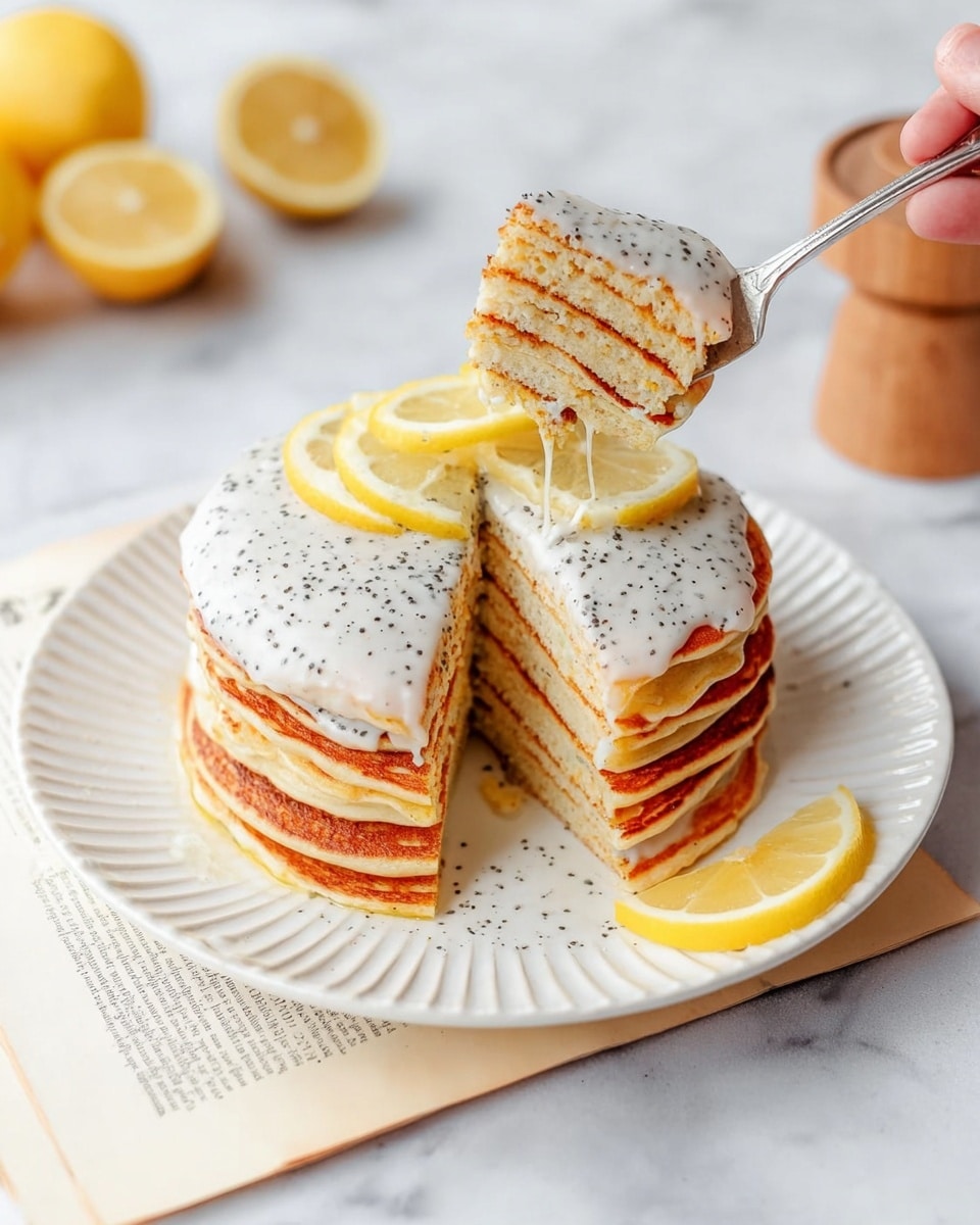 A stack of seven golden-brown pancakes sits in the center of a white plate with a textured edge, placed on a white marbled surface. The top pancake is partially covered with a thick white cream that drips slightly down the right side, sprinkled with small black poppy seeds. Two lemon slices rest on top of the cream, while another lemon wedge is placed at the front edge of the plate. Around the scene are scattered lemon pieces, a wooden citrus reamer, a white sugar container, a white coffee pot, a silver fork and spoon resting on an open vintage recipe page. The lighting is bright and soft, giving the whole image a fresh and airy feel. Photo taken with an iphone --ar 4:5 --v 7