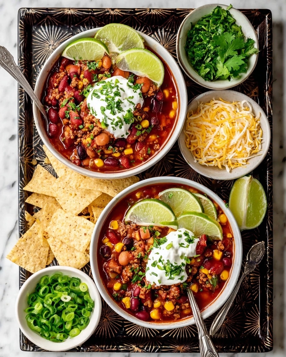 Two white bowls filled with colorful chili sit on a dark patterned tray over a white marbled surface. Each bowl has rich layers of mixed beans, corn, and ground meat in a deep red sauce. On top of the chili, there is a dollop of white sour cream sprinkled with green herbs, along with three lime slices placed neatly on the side inside the bowls. Two silver spoons rest inside the bowls. Around the bowls, small white bowls hold shredded cheese, chopped green onions, and fresh green cilantro. Lime wedges and light-colored tortilla chips are scattered around the tray. Photo taken with an iphone --ar 4:5 --v 7