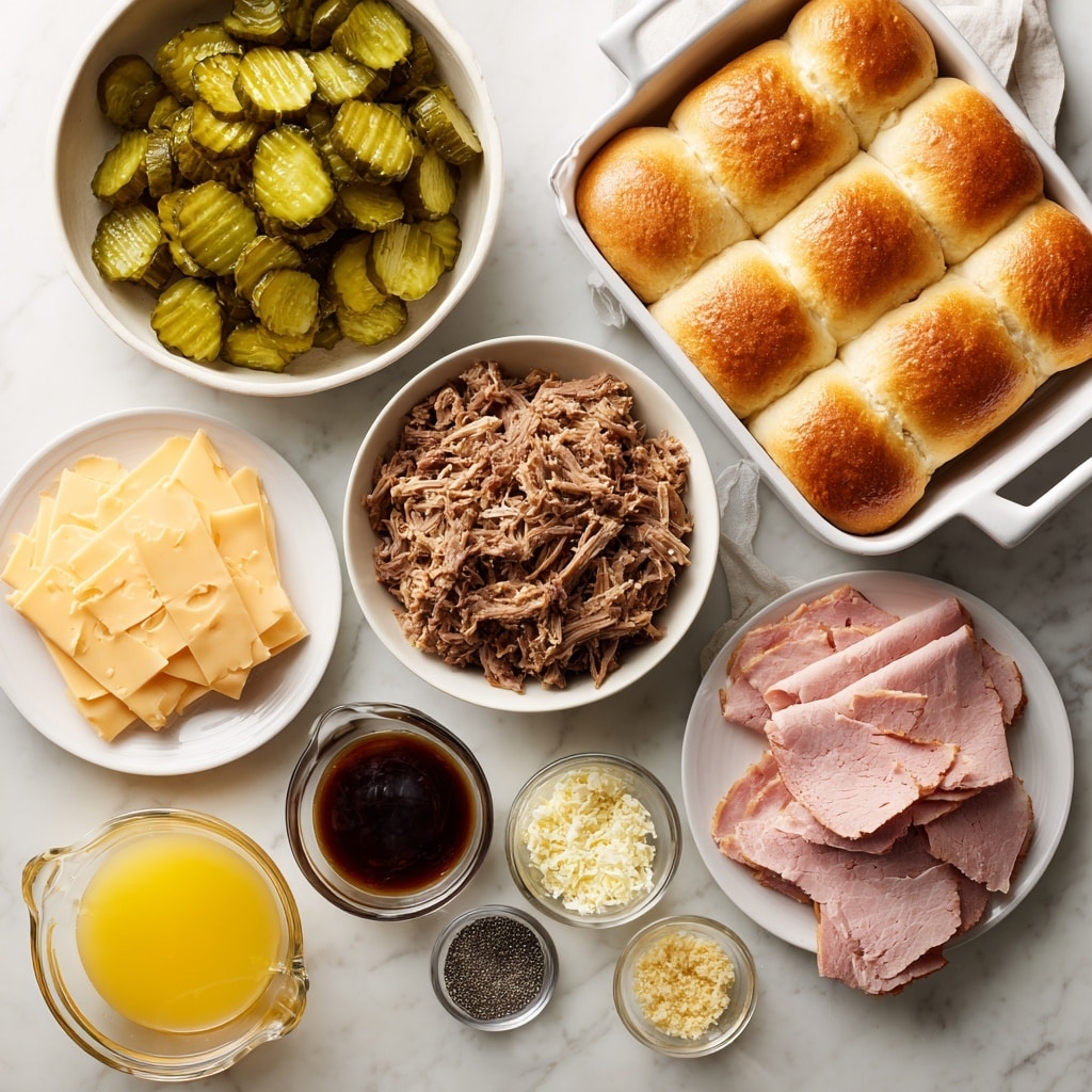 The image shows a sandwich with three layers: the top layer is a shiny, golden brown bun sprinkled with black poppy seeds and chopped green herbs; the middle layer is melted yellow cheese dripping over thin slices of light pink ham; the bottom layer is a soft, lightly toasted bun with a hint of herbs visible in the bread. Around the sandwich, there are sliced pickles and some melted cheese dripping onto the white marbled surface. The sandwich looks fresh and soft with a slightly crispy crust. photo taken with an iphone --ar 4:5 --v 7