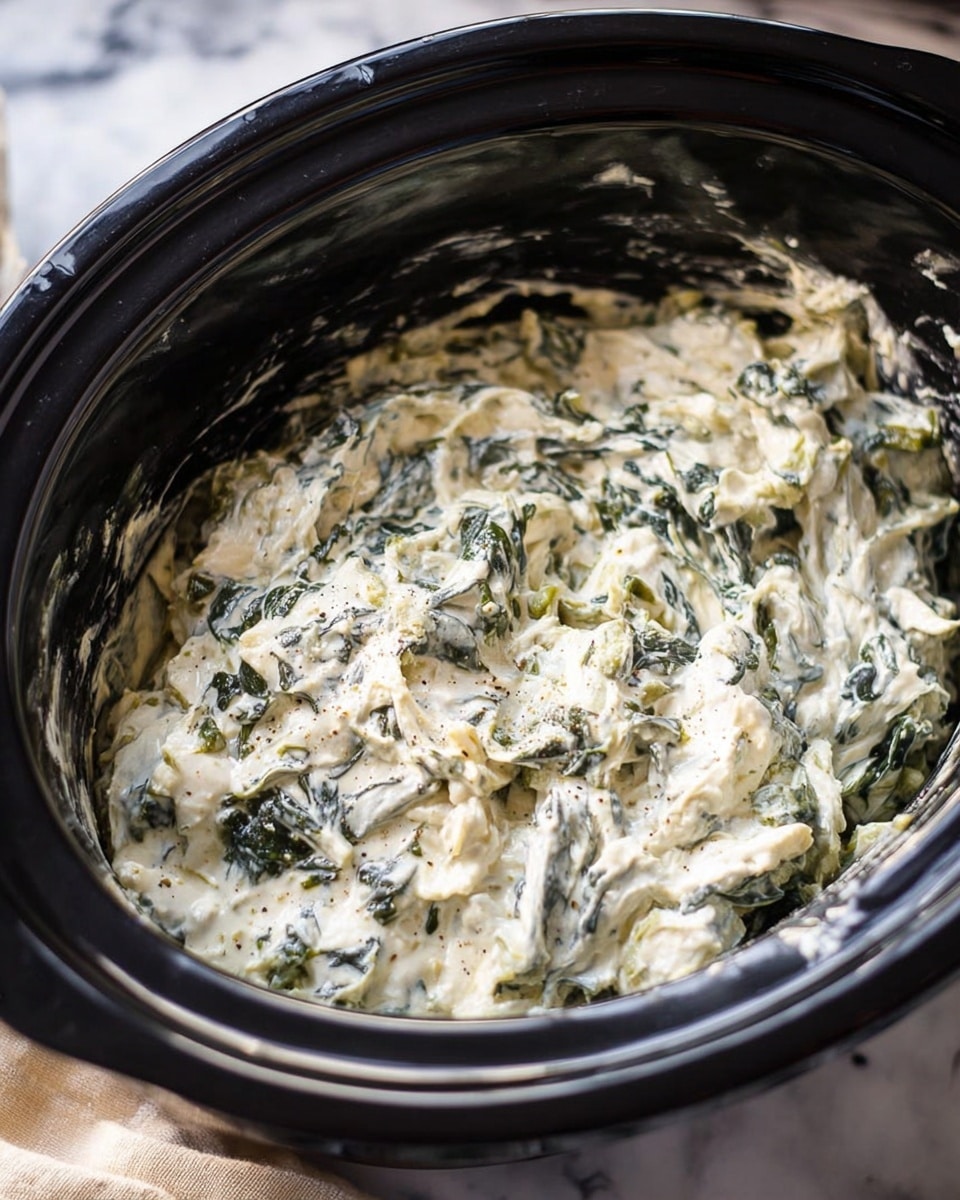 A round, shallow white tray holds evenly arranged light beige round tortilla chips with some scattered naturally. In the center, there is a small white bowl filled with creamy spinach artichoke dip that has a thick, chunky texture. The dip is mostly off-white with visible dark green spinach and light pale artichoke pieces mixed throughout, creating a marbled effect. A striped light gray and white cloth is casually draped next to the tray on a white marbled surface. The photo is light and softly focused, highlighting the texture and colors of the dip and chips. photo taken with an iphone --ar 4:5 --v 7