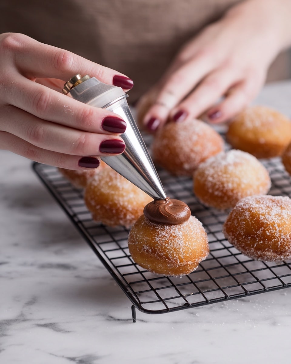 A close-up image showing a woman's hands filling a small round doughnut hole with chocolate cream using a piping bag with a silver tip. The doughnut hole is golden brown and covered with a light layer of sugar. Several similar doughnut holes are placed on a black wire cooling rack on a white marbled surface in the background. The woman's nails are painted dark red, and the scene is well-lit with soft natural light. Photo taken with an iphone --ar 4:5 --v 7