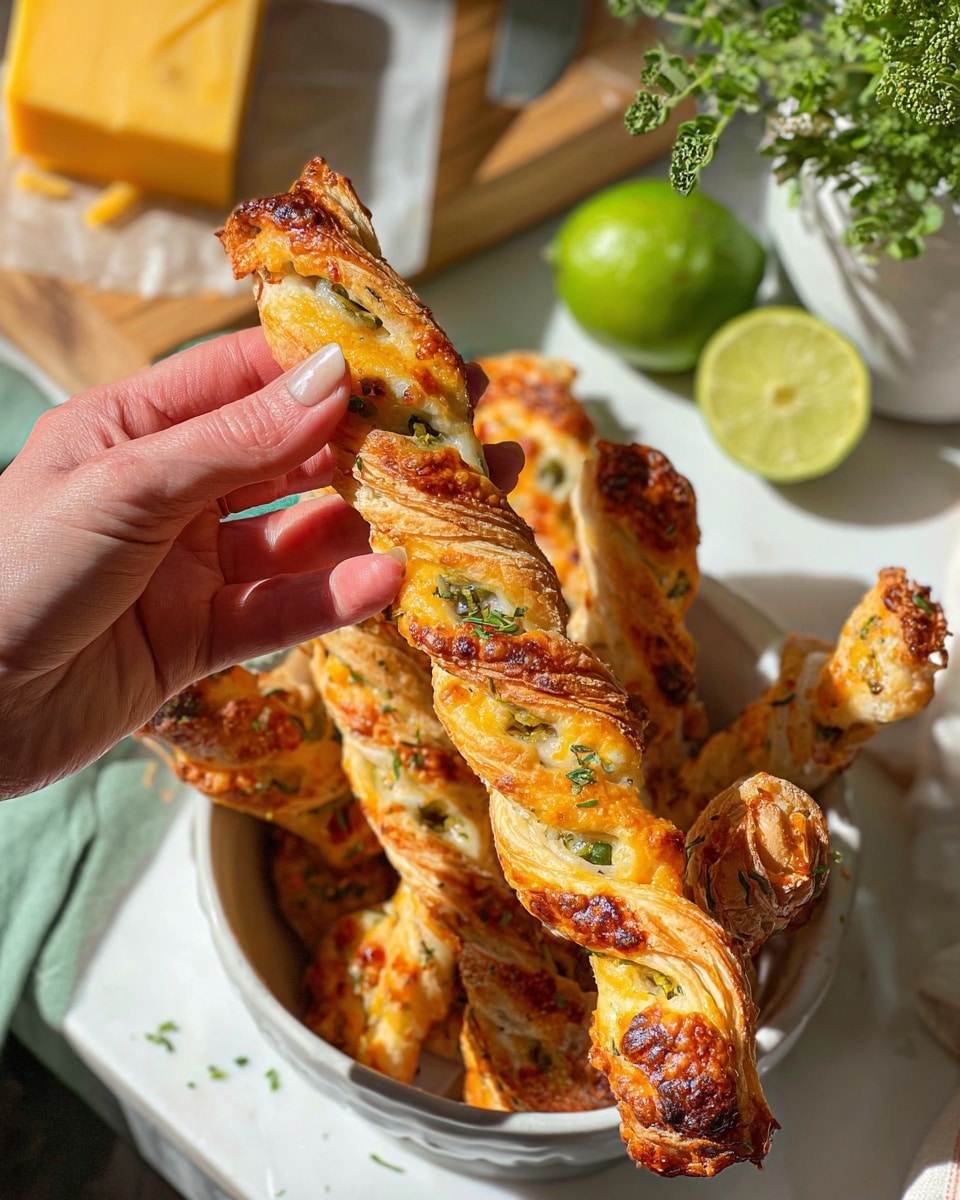 A woman's hand is holding a long, twisted pastry stick with golden-brown, flaky layers visible throughout. The top layer is melted cheese with small browned bits and slices of green jalapeño peppers scattered, adding contrast. Below the pastry stick, a white bowl holds more similar cheese-topped pastries, all with twisted layers showing a crunchy texture. The background includes a white marbled surface, a cut lime, a block of yellow cheese, and some fresh green herbs in the corner. Bright natural light highlights the vibrant colors and textures. Photo taken with an iphone --ar 4:5 --v 7