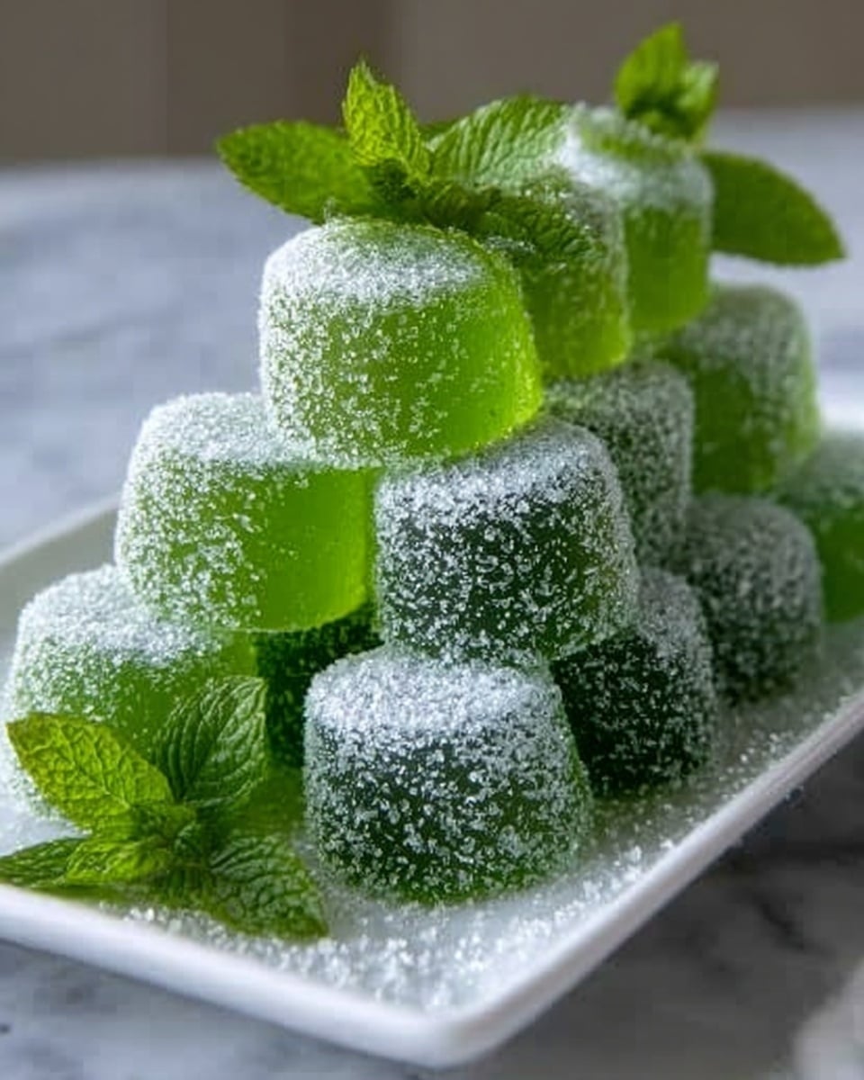 The image shows a pyramid stack of translucent green jelly cubes dusted with white sugar granules on top, arranged in three layers on a white rectangular plate. The bottom layer has a mix of dark and light green cubes, the middle layer mostly lighter green cubes, and the top layer has a single light green cube. Fresh bright green mint leaves with detailed veins are placed at the front right corner of the plate. The whole scene is set against a soft, white marbled surface with natural light coming from a window in the background. photo taken with an iphone --ar 4:5 --v 7