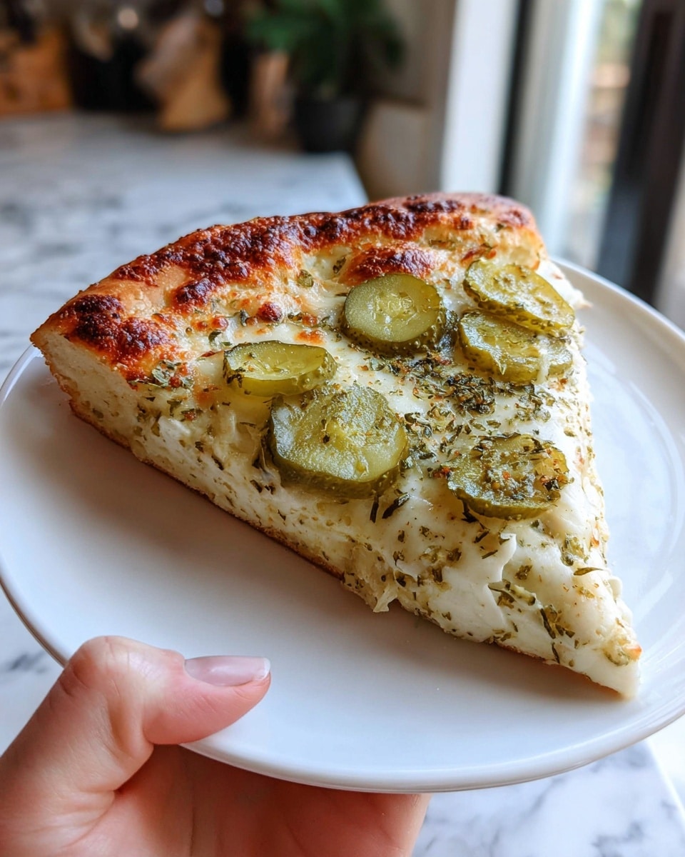 A single slice of thick crust pizza is shown on a white plate, held by a woman's hand at the bottom edge. The pizza has three visible layers: a golden-brown, crispy and slightly charred crust on the outside; a creamy white cheese layer melted smoothly across the slice; and thin green pickle slices evenly placed on top of the cheese with a sprinkle of greenish herbs and spices spread throughout. The cheese has some browned spots from baking, and the texture looks soft and gooey. The background is a white marbled surface with a blurred kitchen setting beyond. photo taken with an iphone --ar 4:5 --v 7