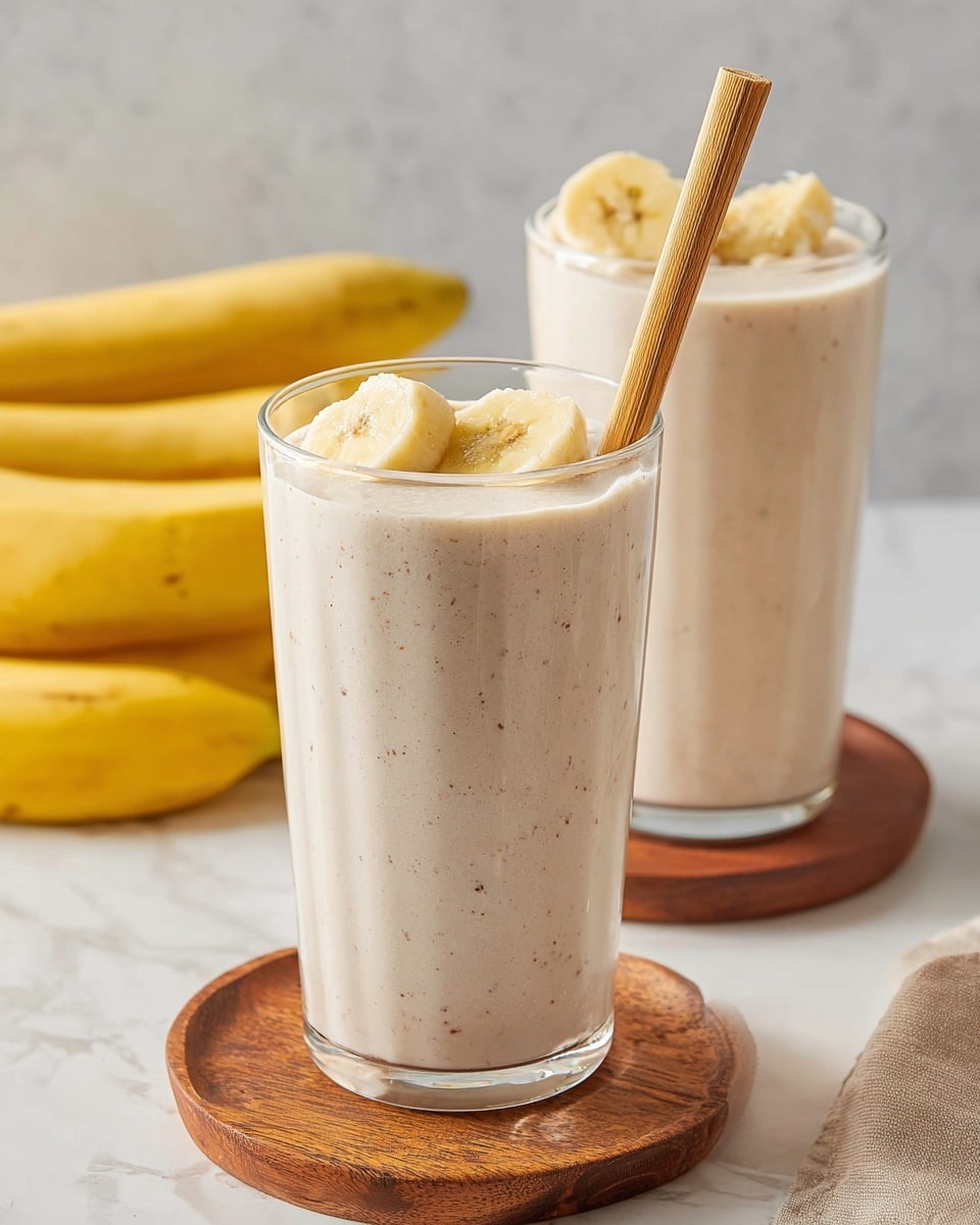 Two clear tall glasses filled with creamy beige banana smoothies, each topped with two round banana slices floating on the surface. Both glasses have a light wooden straw inside and sit on round wooden coasters with striped patterns. In the background, a bunch of ripe bananas with yellow skin and brown spots rests on a white marbled surface. A light beige cloth is casually placed nearby. The overall look is fresh and inviting. photo taken with an iphone --ar 4:5 --v 7