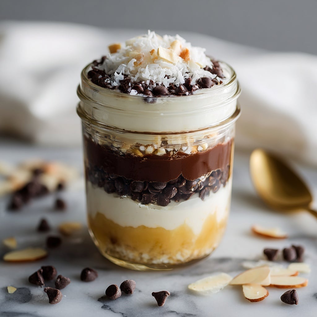 A clear glass jar shows a layered dessert with five visible layers starting at the bottom with a thick white creamy layer, above it a thin yellowish caramel-like layer mixed with almond slices, then a dense layer of small dark chocolate chips, followed by another white creamy layer, and finally topped with a generous sprinkle of shredded white coconut and more small dark chocolate chips. The jar is placed on a white marbled surface with scattered chocolate chips and almond slices around it, and there is a gold spoon and a white cloth partially visible in the background. Photo taken with an iphone --ar 4:5 --v 7