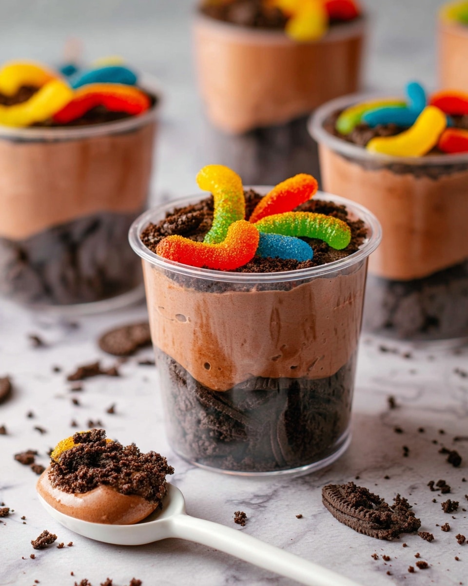 The image shows a clear cup dessert with three main layers: a bottom layer of smooth brown chocolate mousse, a middle thin layer of dark brown cookie crumbs, and a top layer of more cookie crumbs with colorful gummy worms placed on top, adding bright orange, yellow, green, red, and blue colors. The cups are arranged on a white marbled surface, and there is a white spoon with a scoop of the mousse and crumbs in front of the main cup. The background is softly blurred with more cups of the same dessert visible. photo taken with an iphone --ar 4:5 --v 7