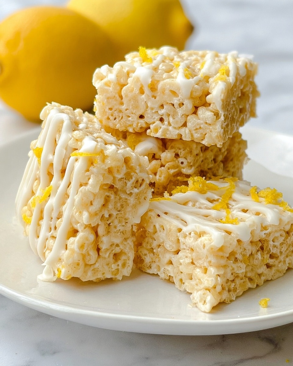 The image shows a stack of six square rice crispy treats placed on a white plate with a white marbled background. Each treat has a pale yellow color with a textured surface made from puffed rice cereal and marshmallow. The top of the treats is drizzled with white icing that flows slightly down the sides, and small yellow zest pieces are scattered on top for decoration. Two fresh yellow lemons are blurred in the background, adding a pop of bright color. The treats are stacked unevenly, creating a casual, inviting look. Photo taken with an iphone --ar 4:5 --v 7