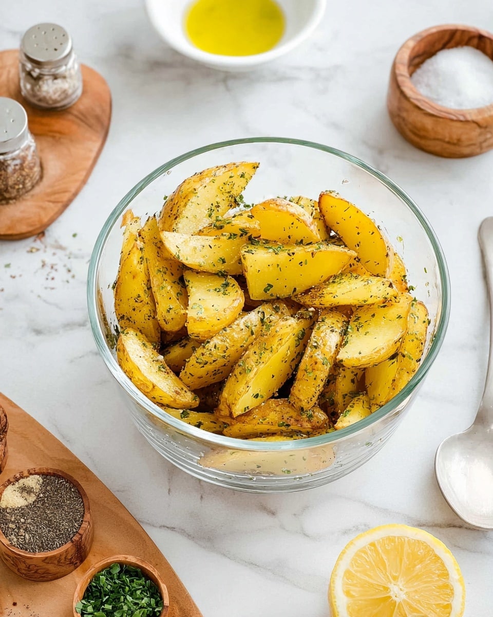 The image shows a clear glass bowl filled with golden yellow potato wedges coated with herbs, each wedge cut thick and unevenly stacked inside. Around the bowl on a white marbled surface, there is a white bowl with a spoon containing a little olive oil or butter, a small white bowl holding green chopped herbs, a wooden salt container with a silver spoon, two small open round containers with spices on a wooden tray, a halved lemon showing its bright yellow inside, and a whole lemon nearby. The scene is bright and clean, highlighting the potatoes as the main focus. Photo taken with an iphone --ar 4:5 --v 7
