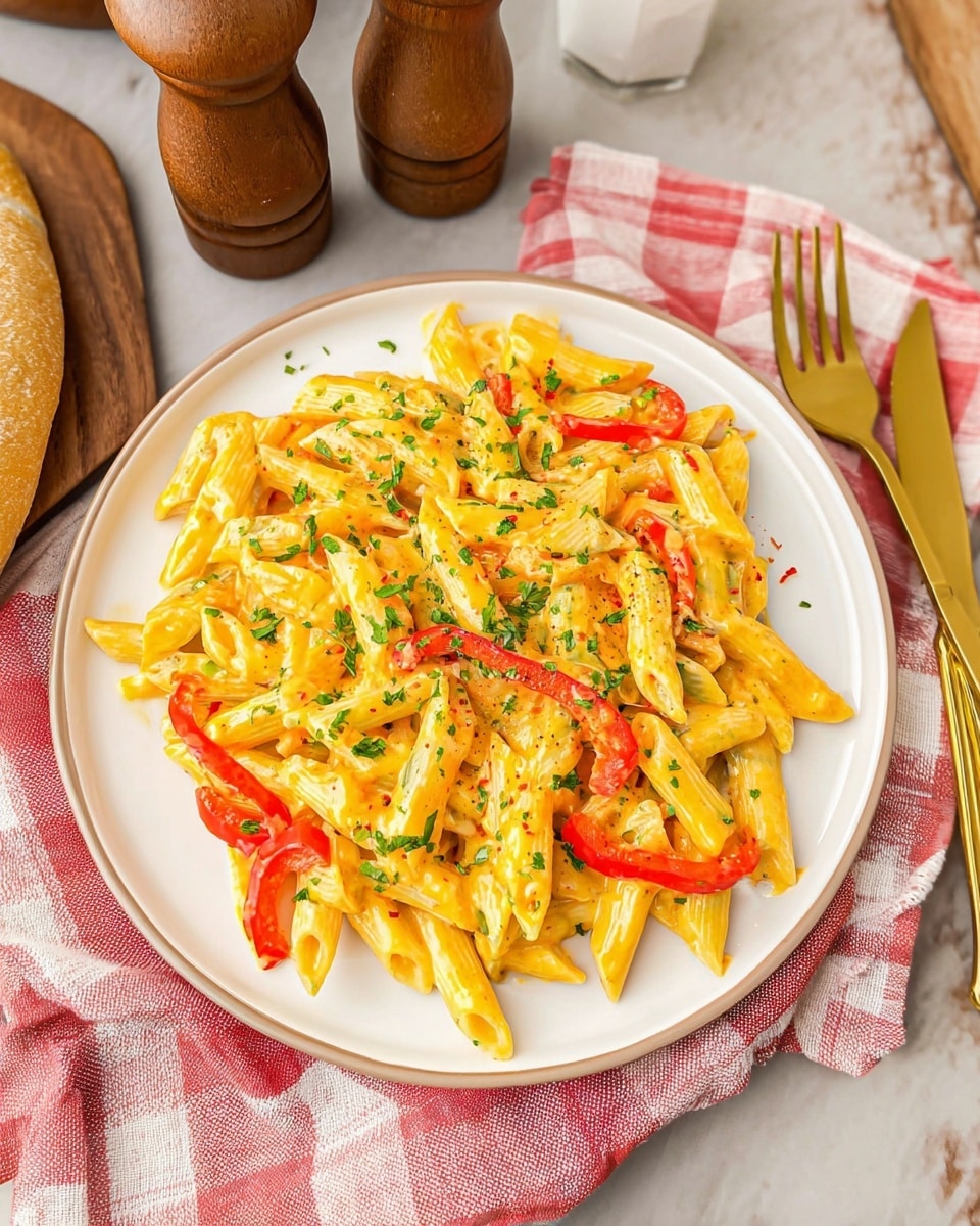 A plate with a single layer of creamy yellow pasta penne mixed with thin slices of red and green bell peppers scattered evenly throughout. The pasta is lightly coated with an orange-yellow sauce, giving it a moist texture, and sprinkled with finely chopped green herbs on top. The plate is white and sits on a red and white checkered cloth, with a piece of bread on the left edge, two wooden pepper and salt grinders at the back, and a gold-colored spoon and fork on the right side. The setting is on a white marbled textured surface. photo taken with an iphone --ar 4:5 --v 7