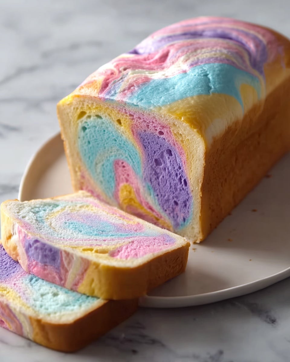 A loaf of bread with a soft, fluffy texture is shown on a white plate set on a white marbled surface. The bread has five visible layers inside: bright pink, light yellow, pale blue, lavender purple, and soft turquoise swirled beautifully together in smooth, curved patterns. The outer crust of the bread is golden brown, while the top of the loaf has matching swirled pastel colors blending gently. The bread appears fresh and light, with a slice cut and placed in front of the rest of the loaf, clearly showing the colorful, airy interior. Photo taken with an iphone --ar 4:5 --v 7