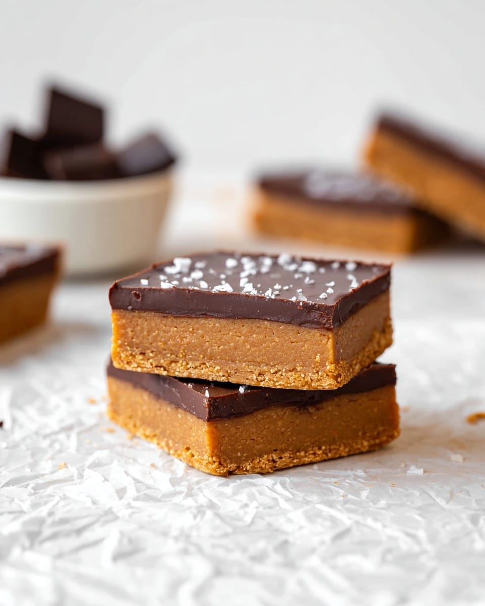 The image shows a close-up stack of three square dessert bars placed on a crinkled white surface with a white marbled texture in the background. Each bar has two layers: a thick, smooth, light brown base that looks dense and crumbly, topped with a thinner, glossy dark brown chocolate layer sprinkled with small white flakes. The bars are neatly stacked, with the top bar slightly off-center, creating a clear view of the layers. Out of focus in the background, there are other dessert pieces and a white bowl with dark chocolate pieces visible. photo taken with an iphone --ar 4:5 --v 7