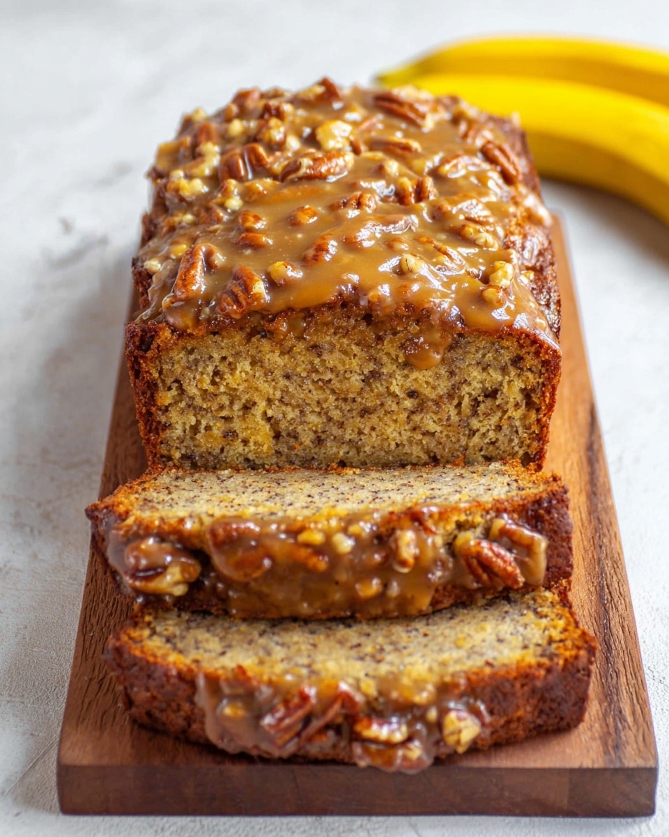 A close-up image of banana bread sliced into four pieces, showing a soft, moist, and textured brown interior with visible banana bits. The top layer is a thick, glossy light brown icing spread unevenly, with chunks of walnuts embedded within it. The bread is placed on a wooden board, against a white marbled surface background, with two ripe yellow bananas blurred in the back. The two front slices are angled, leaning on each other. Photo taken with an iphone --ar 4:5 --v 7