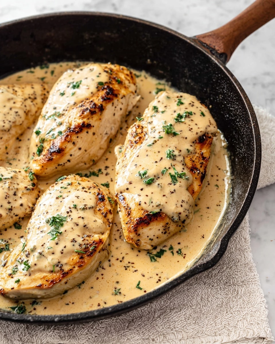 A white round plate on a white marbled surface holds a meal with three main parts. On the left side, two grilled chicken breasts with golden-brown grill marks are topped with a creamy light beige sauce sprinkled with small green herbs and black pepper. To the right of the chicken, there is a neat pile of bright green cooked green beans, slightly glossy, with a few black pepper flakes on top. Above the green beans and chicken, there is a serving of creamy white mashed potatoes, partially covered with more of the same beige sauce and sprinkled with black pepper and herbs. Near the plate, a golden fork and knife rest on a folded light beige cloth napkin. Photo taken with an iphone --ar 4:5 --v 7