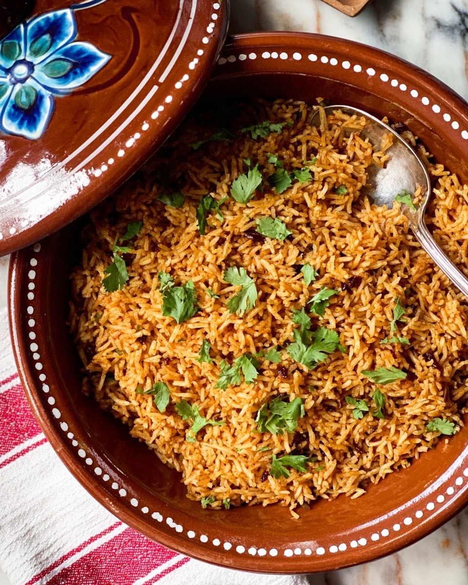 A close-up view of a black electric rice cooker filled with cooked orange-colored rice, with visible small bits of herbs or spices mixed in. The rice grains look fluffy and separate, filling the cooker almost to the top. A metal spoon rests on the right inside edge of the cooker, partially submerged in the rice. The cooker is placed on a wooden surface, and a red and white striped cloth is slightly visible in the top background against a white marbled surface. photo taken with an iphone --ar 4:5 --v 7