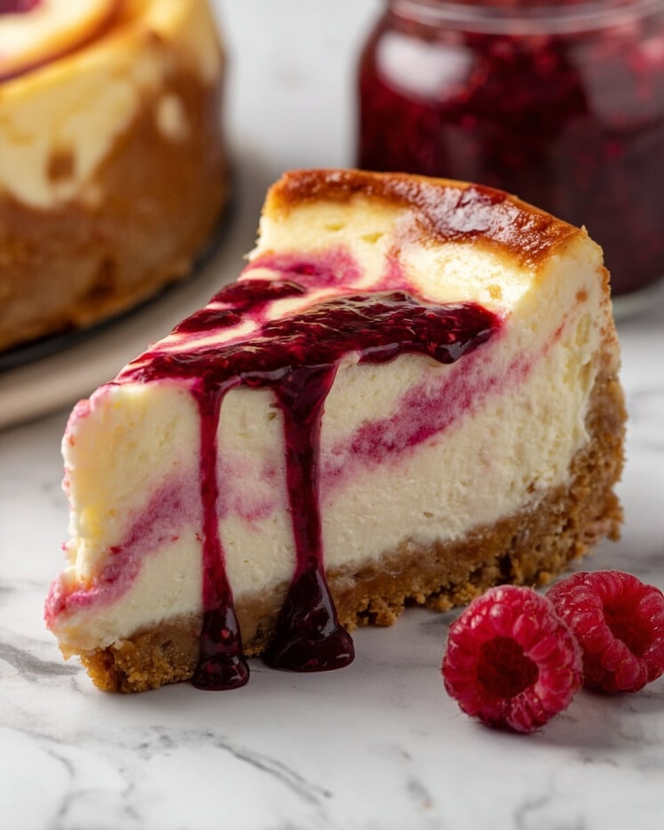 A round cheesecake with a thick golden-brown crust at the bottom and sides, filled with a creamy white layer. The top has a vivid red raspberry swirl design mixed with the white cheesecake, creating a marbled effect. One slice is slightly lifted by a woman's hand, showing the smooth texture inside. Around the cake are fresh raspberries and a small jar with red sauce, all placed on a white marbled surface. photo taken with an iphone --ar 4:5 --v 7