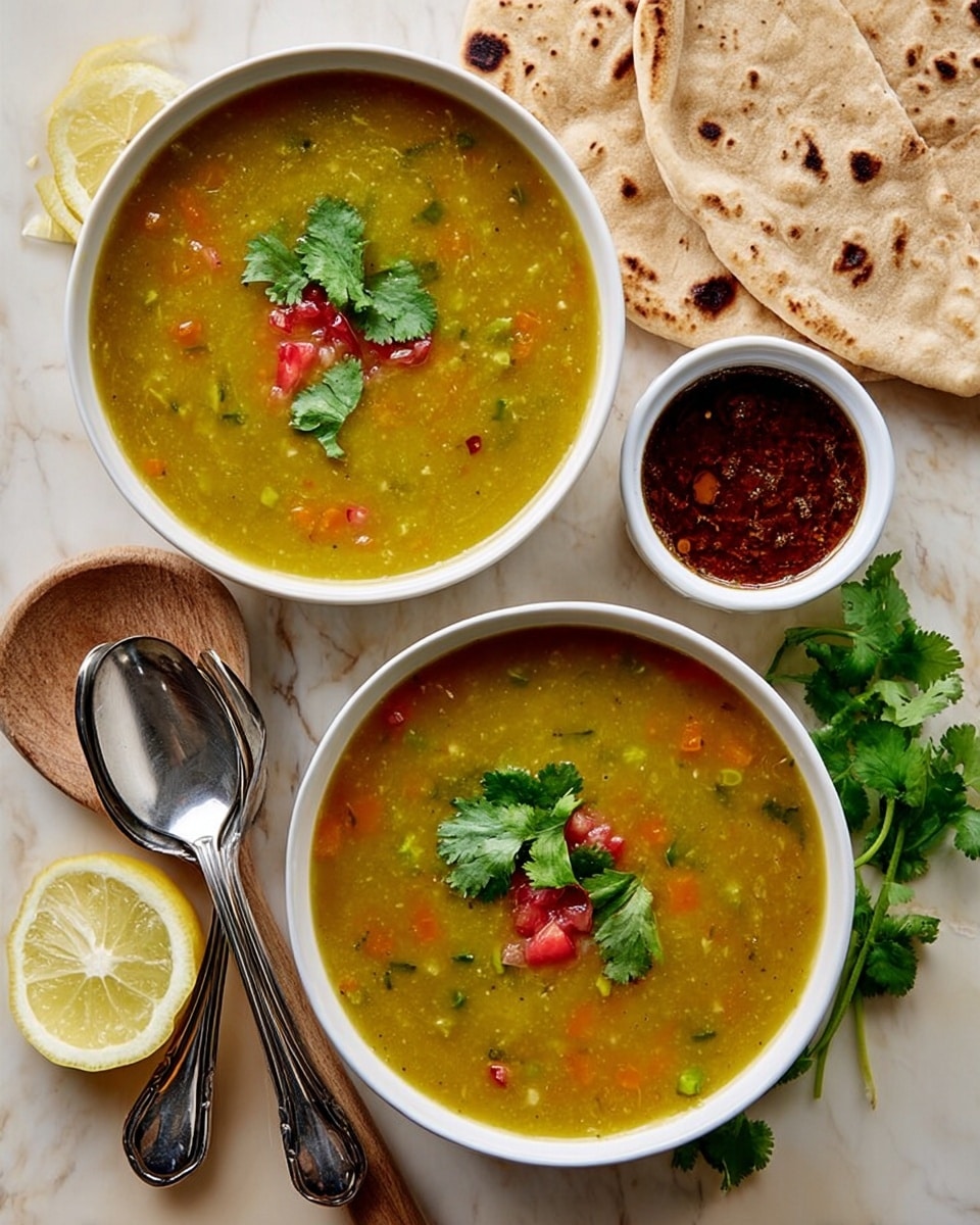 A white bowl filled with a thick yellow-green soup that has small pieces of orange carrot and other vegetables mixed in. On the top layer, there are bright red tomato chunks and fresh green coriander leaves placed as garnish. The bowl is set on a wooden surface with extra sprigs of coriander and lemon wedges around it. A shiny spoon rests near the bowl. Another partially visible white bowl with similar soup appears in the top left corner. photo taken with an iphone --ar 4:5 --v 7