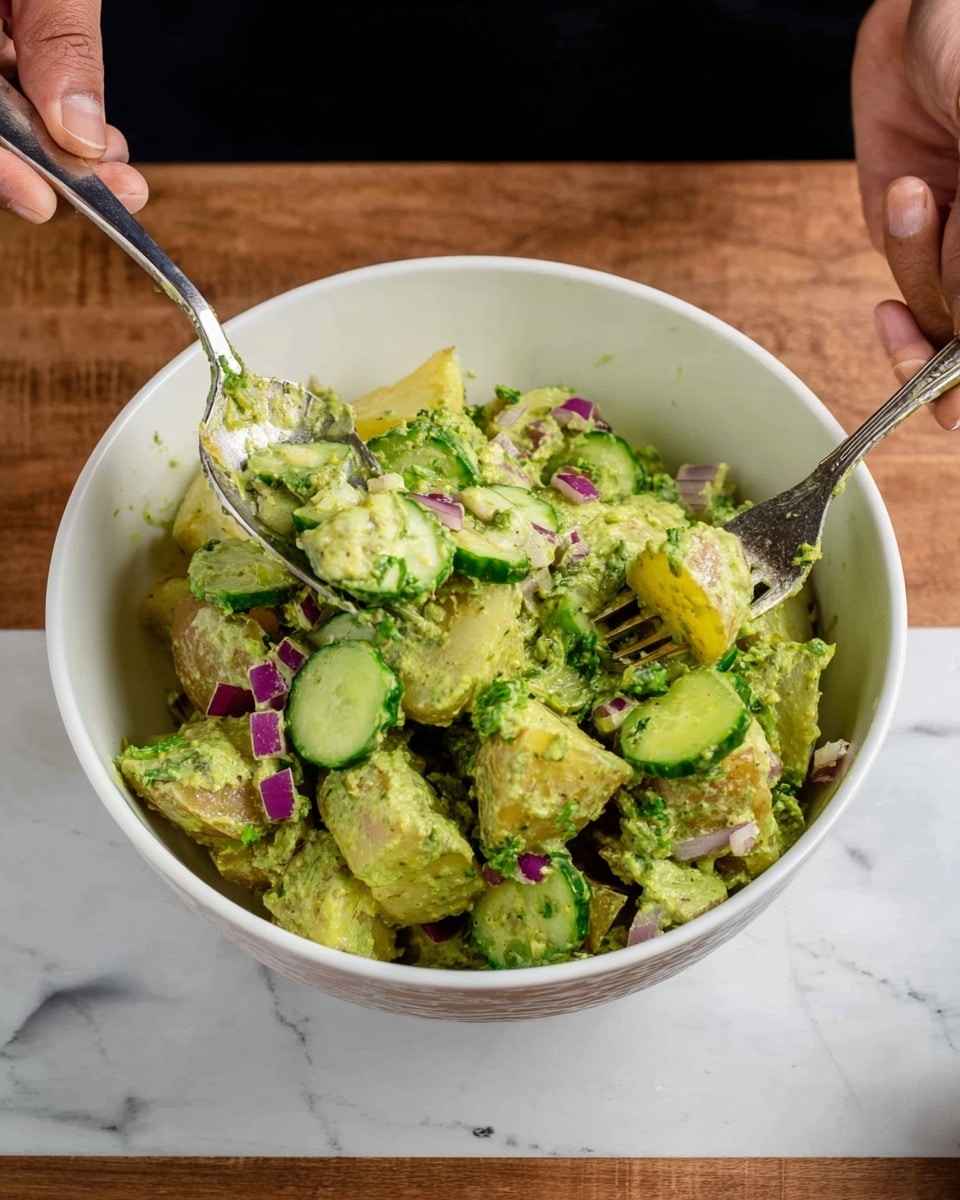 A white bowl filled with chunky pieces of potato coated in a green creamy sauce, mixed with fresh green cucumber slices and small bits of purple-red onion scattered on top. The potato pieces have a rough texture and vary in size, while the cucumber adds a fresh crispness. A woman's hand is holding a spoon mixing the salad, and another woman's hand is holding a fork with some of the green sauce on it. The scene is set against a white marbled background and a wooden surface below the bowl. Photo taken with an iphone --ar 4:5 --v 7