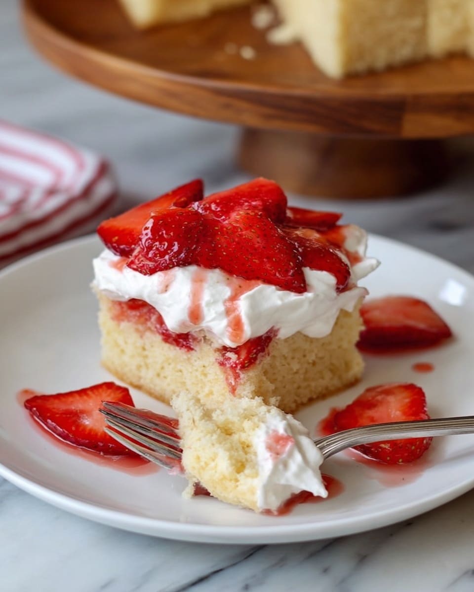A white plate holds a dessert with three clear layers: the bottom layer is a soft, light yellow cake with a moist texture; the middle layer is white whipped cream, thick and fluffy, spread on top of the cake; the top layer consists of several slices of bright red strawberries, glossy and fresh, some resting on the whipped cream and others placed around the cake on the plate. There is a drizzle of light red strawberry syrup over the whipped cream and cake. A silver fork with whipped cream stuck to it is touching the cake. The setting includes a white marbled surface underneath the plate and a blurred wooden stand in the background with more pieces of cake on it. Photo taken with an iphone --ar 4:5 --v 7
