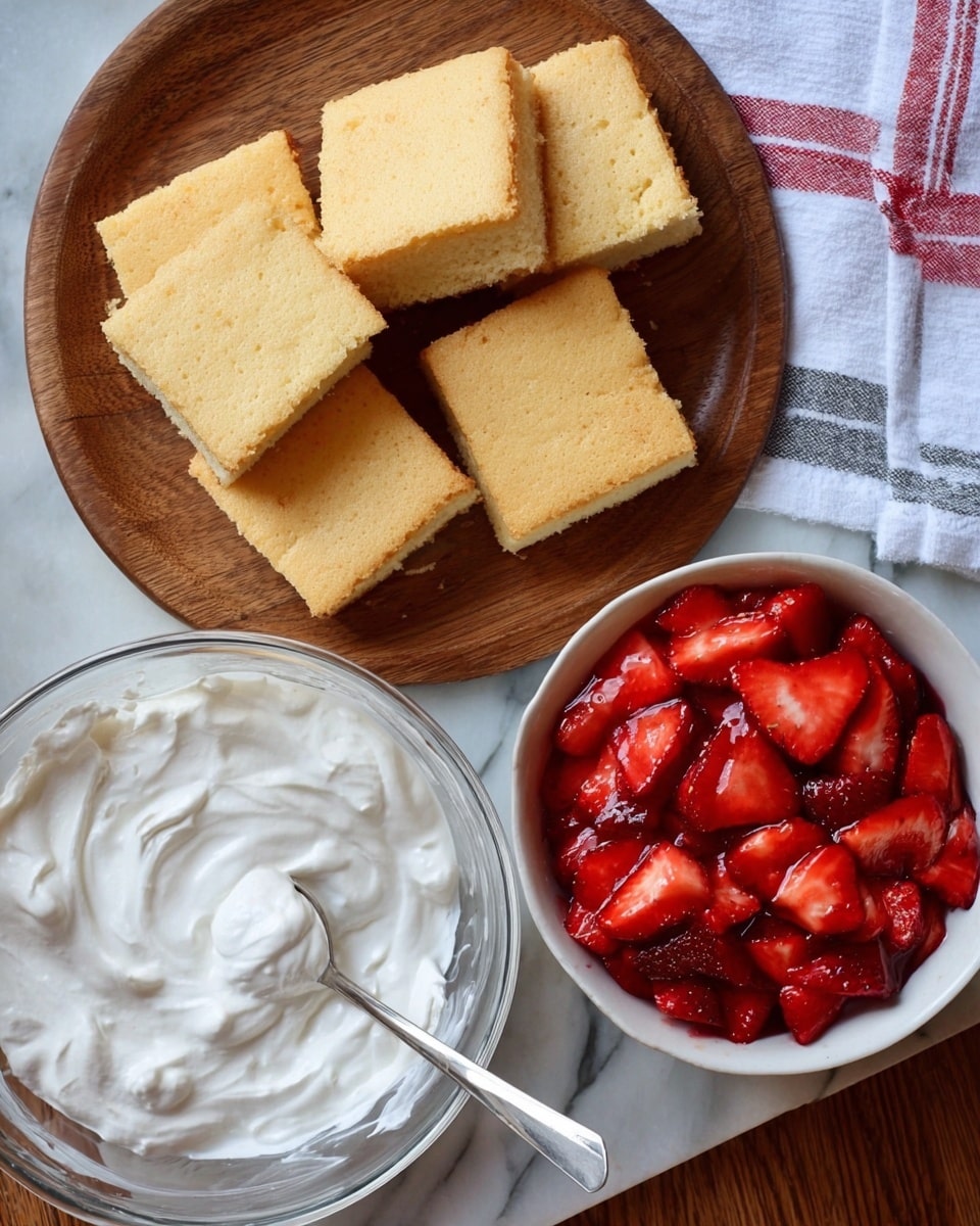 The image shows a simple setup for a strawberry shortcake dessert, with three separate layers ready to assemble. The first layer consists of square pieces of golden brown cake with a soft, spongy texture, placed on a round wooden board. The second layer is a glass bowl filled with smooth, white whipped cream that looks fluffy and creamy, with a spoon resting in it. The third layer is a white bowl full of sliced strawberries, bright red and juicy, glistening with their natural syrup. The items are set on a white marbled surface with a white cloth that has red and gray stripes nearby. photo taken with an iphone --ar 4:5 --v 7