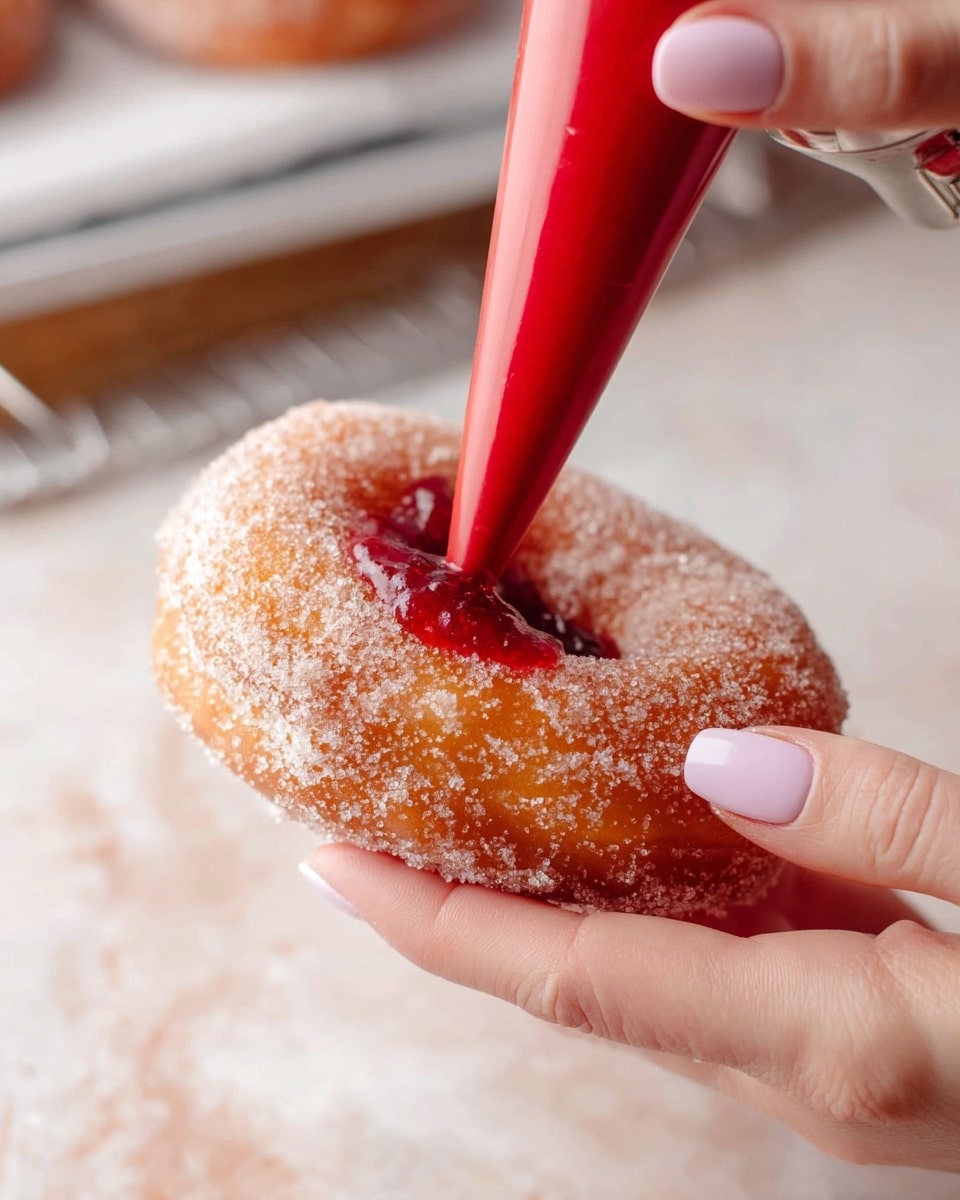 A close-up view inside a cardboard box filled with several round, golden-brown doughnuts coated in granulated sugar. One doughnut is split in half and placed on top of the others, showing its soft, fluffy white interior with a thick, bright red jelly filling spilling out. Other doughnuts have small spots of the same shiny red jelly on their tops, contrasting with the sugar coating. The texture of the doughnuts looks light and airy, with a slightly crisp outside layer. The background is a white marbled texture. photo taken with an iphone --ar 4:5 --v 7