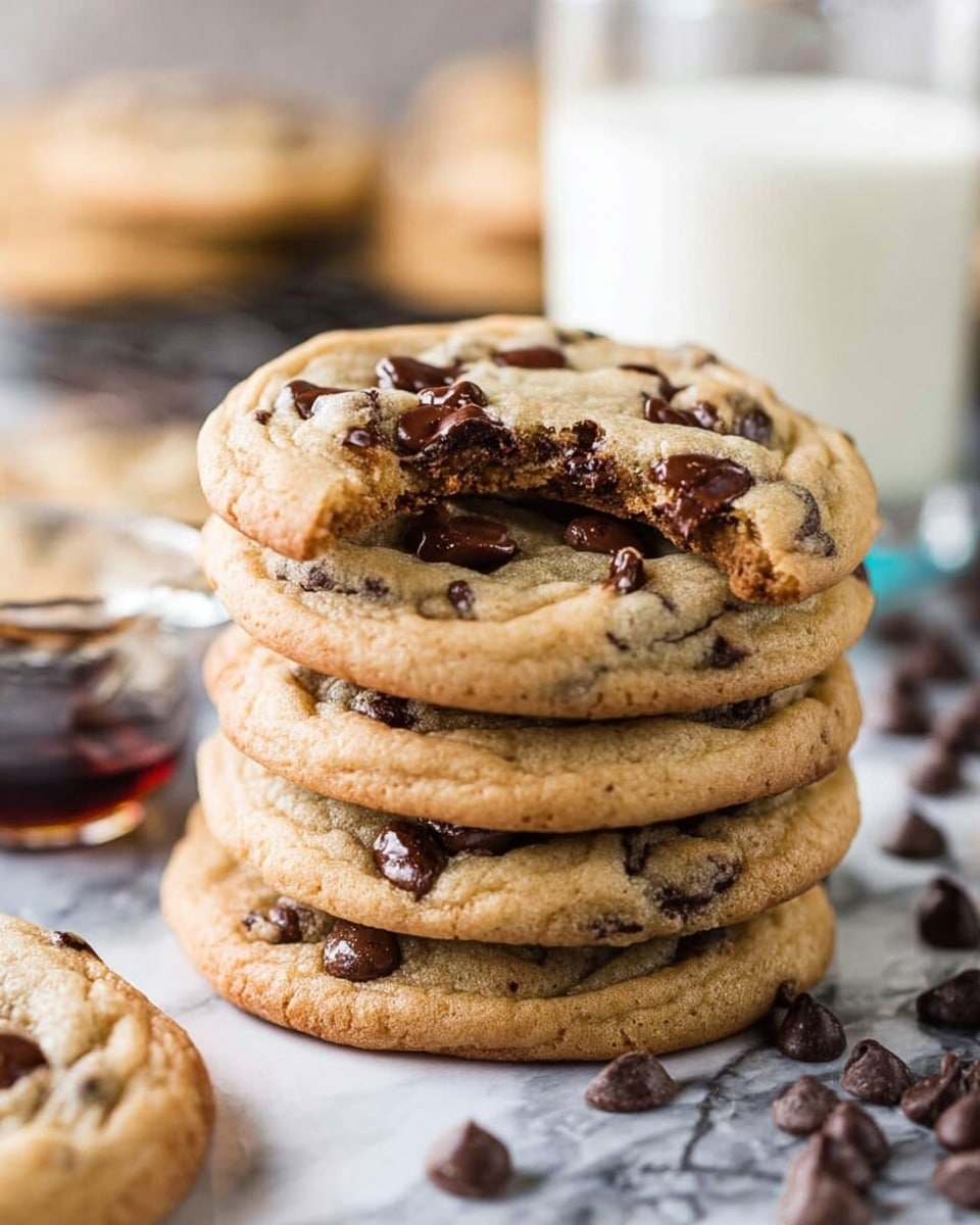 A stack of five round chocolate chip cookies sits on a surface with scattered chocolate chips around. The cookies are golden brown with darker brown chocolate chips evenly spread across each one. The top cookie has a bite taken out, showing a soft, chewy inside with melted chocolate. In the background, there is a clear glass of milk and a small glass dish of dark syrup, all set on a white marbled texture. Some blurred cookies are seen in the background, creating a cozy, inviting feel. photo taken with an iphone --ar 4:5 --v 7